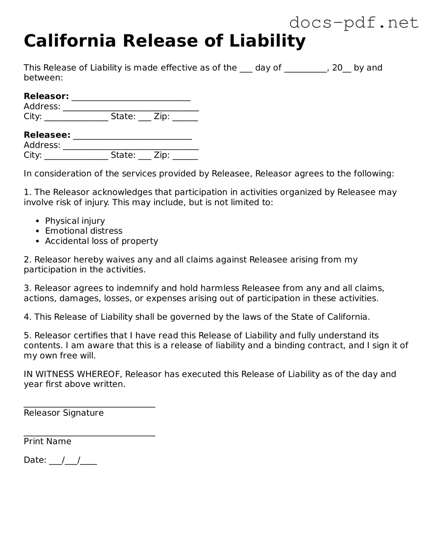 Official  Release of Liability Form for California