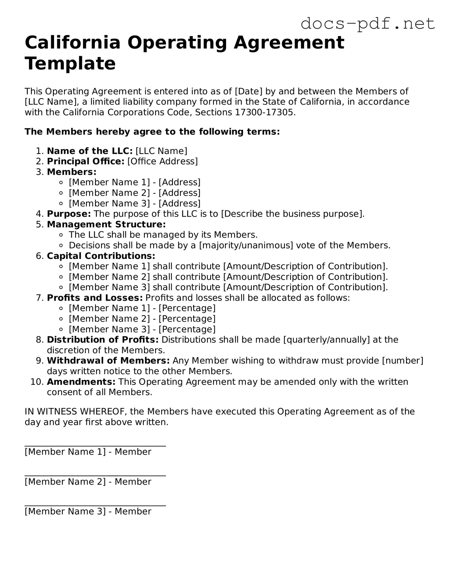 Official  Operating Agreement Form for California
