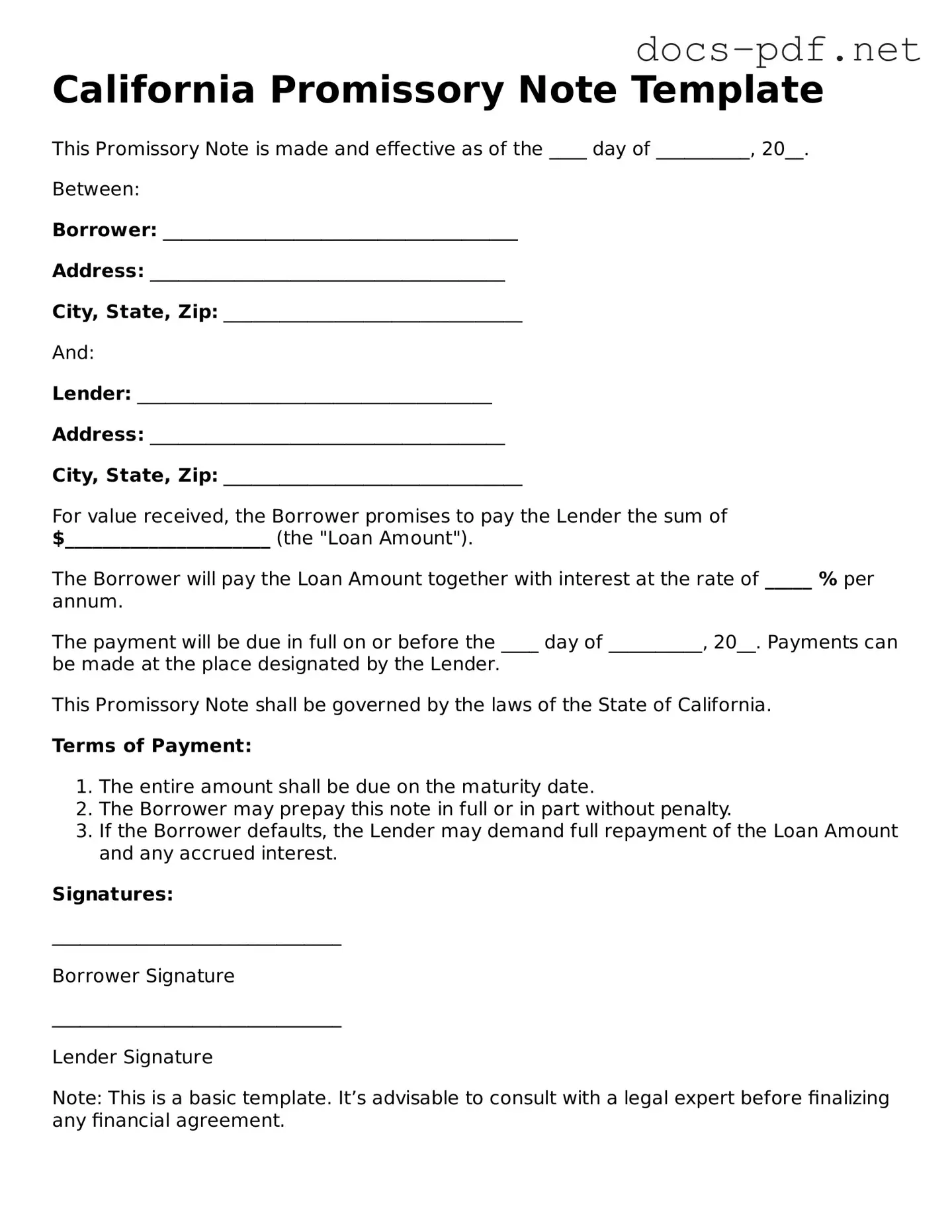 Official  Promissory Note Form for California