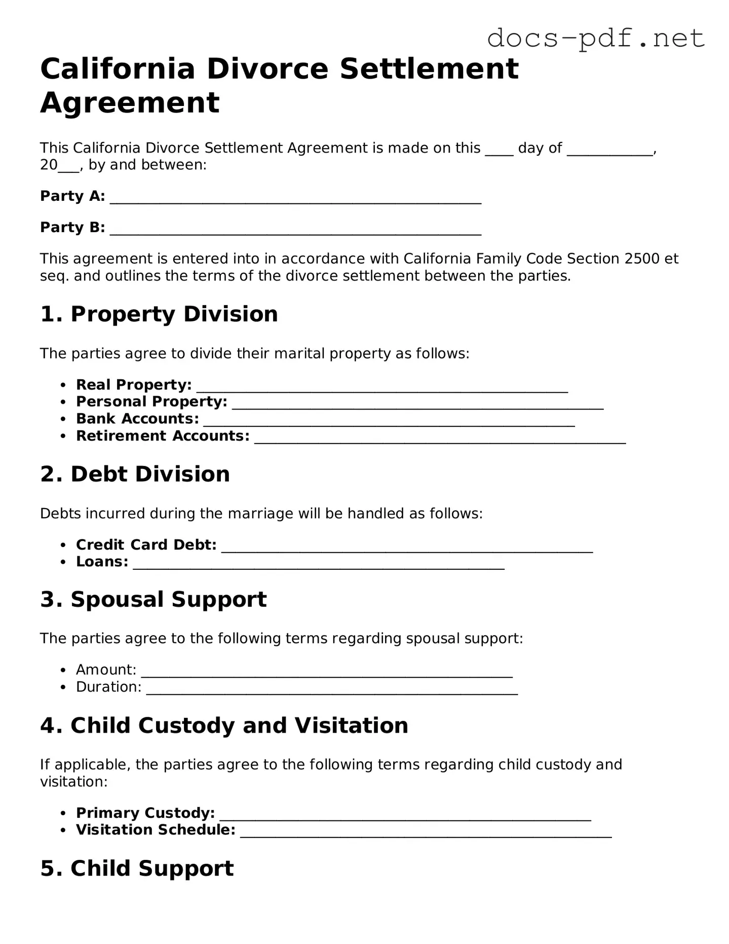 Official  Divorce Settlement Agreement Form for California
