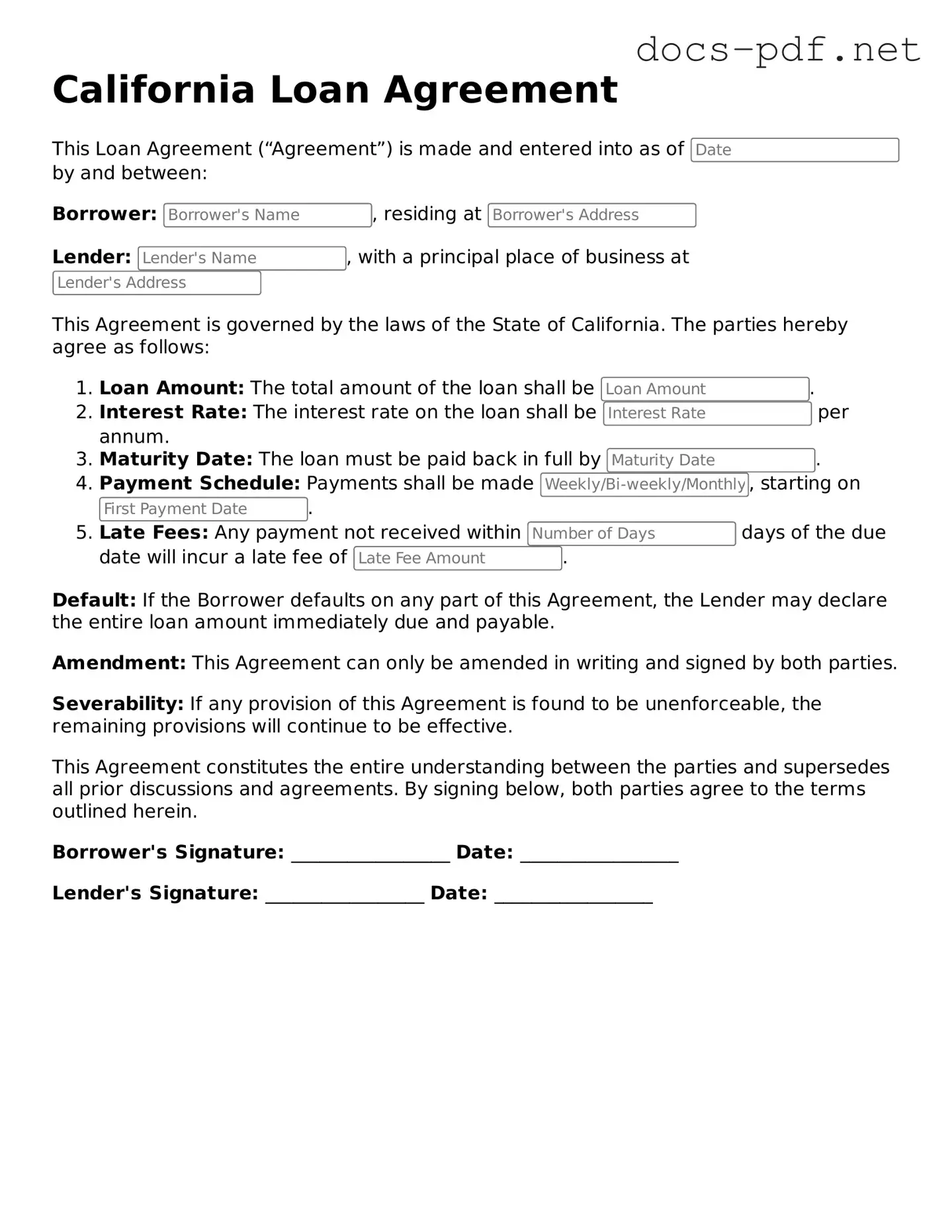 Official  Loan Agreement Form for California