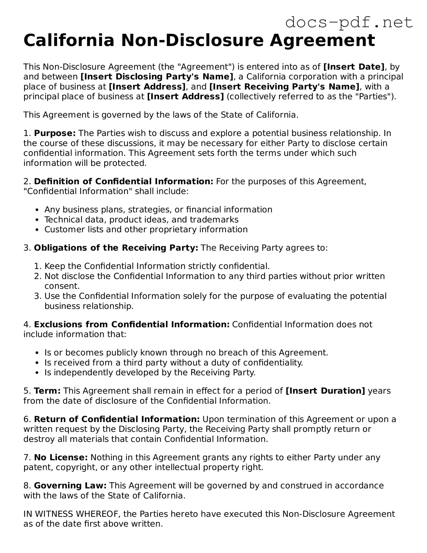 Official  Non-disclosure Agreement Form for California