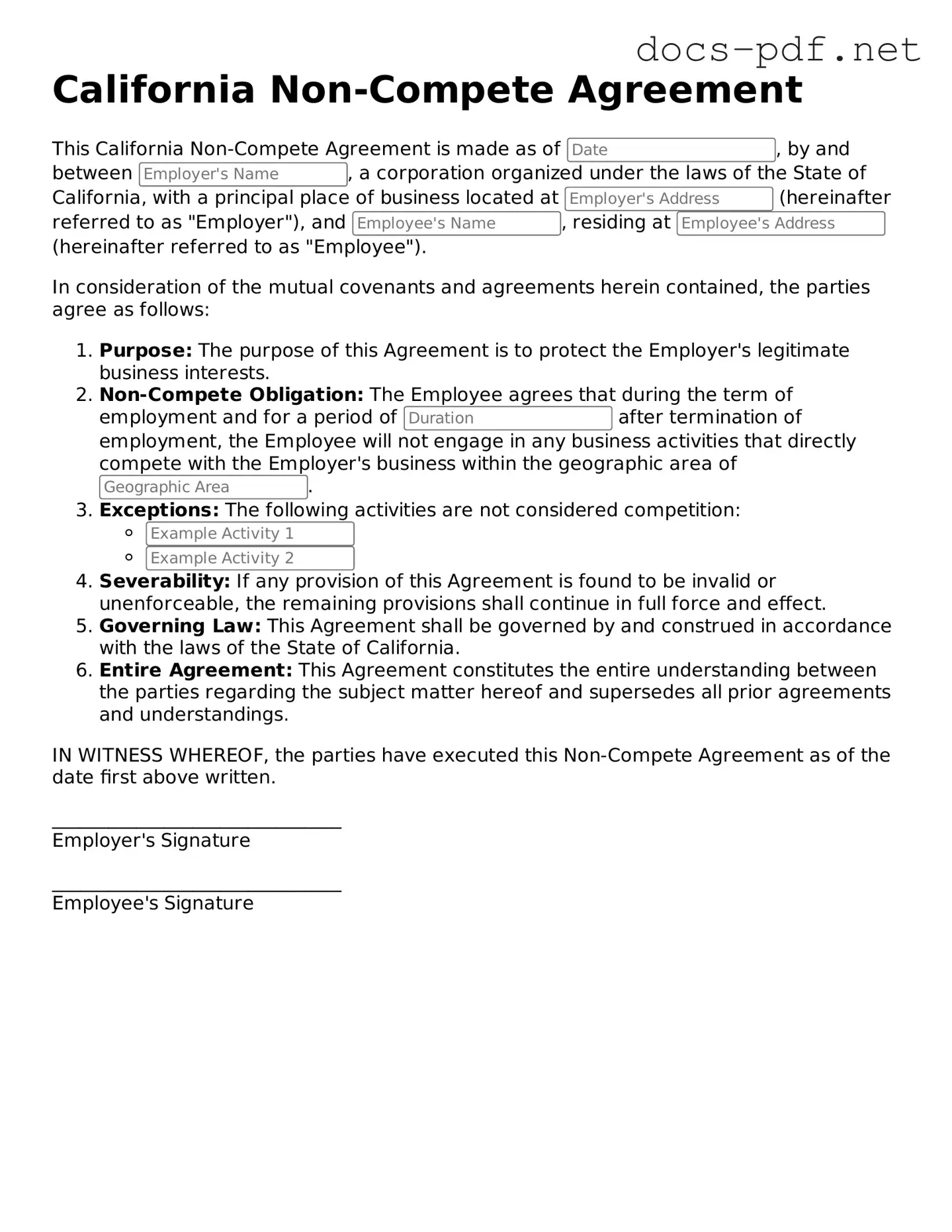 Official  Non-compete Agreement Form for California