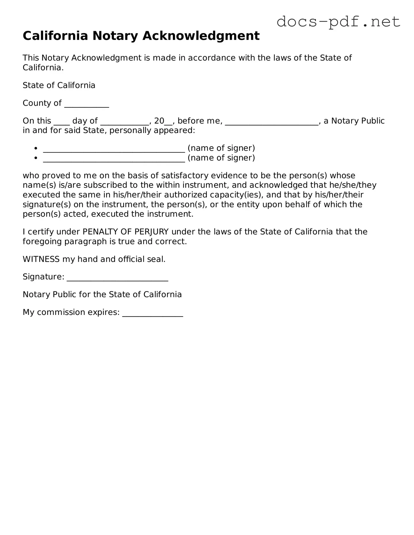 Official  Notary Acknowledgement Form for California