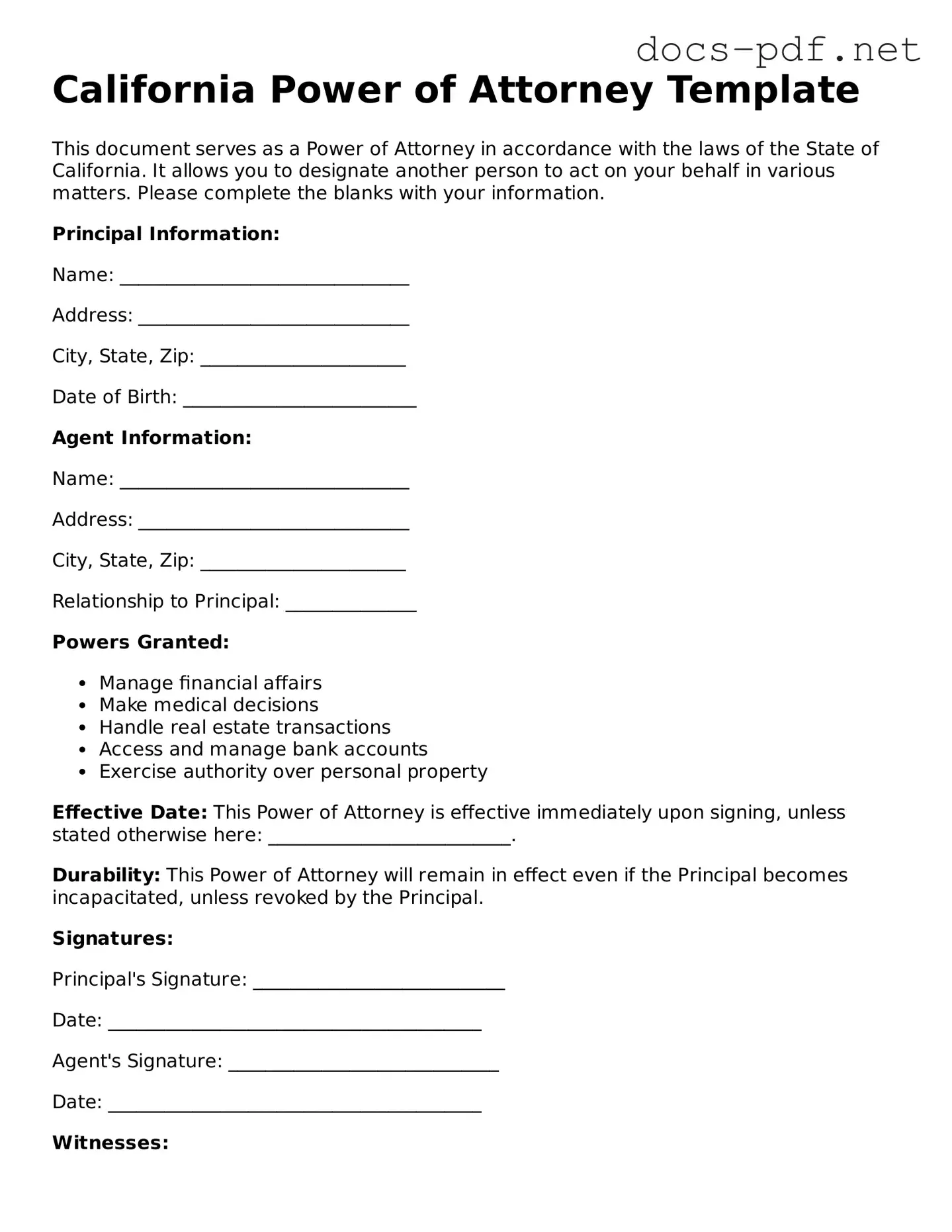 Official  Power of Attorney Form for California