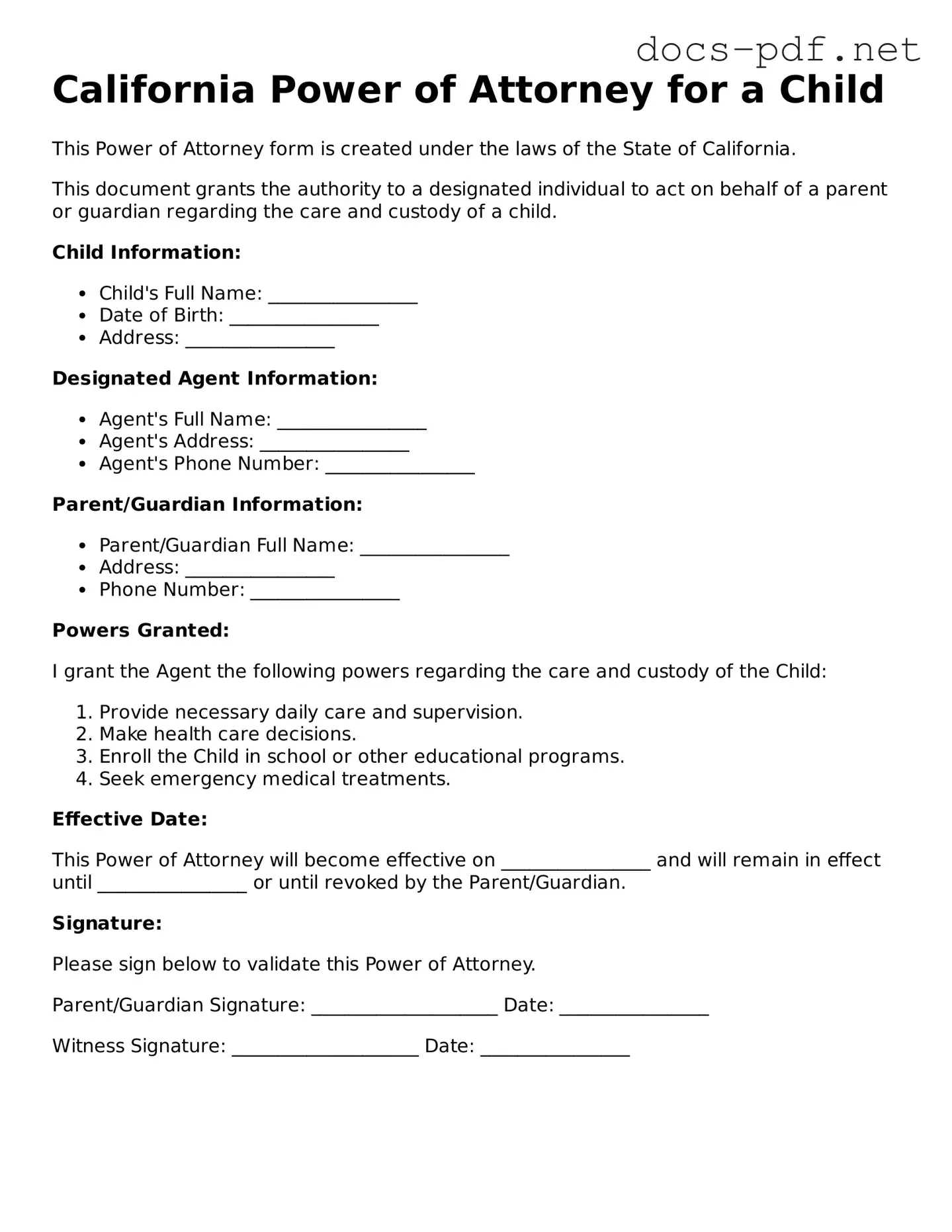 Official  Power of Attorney for a Child Form for California