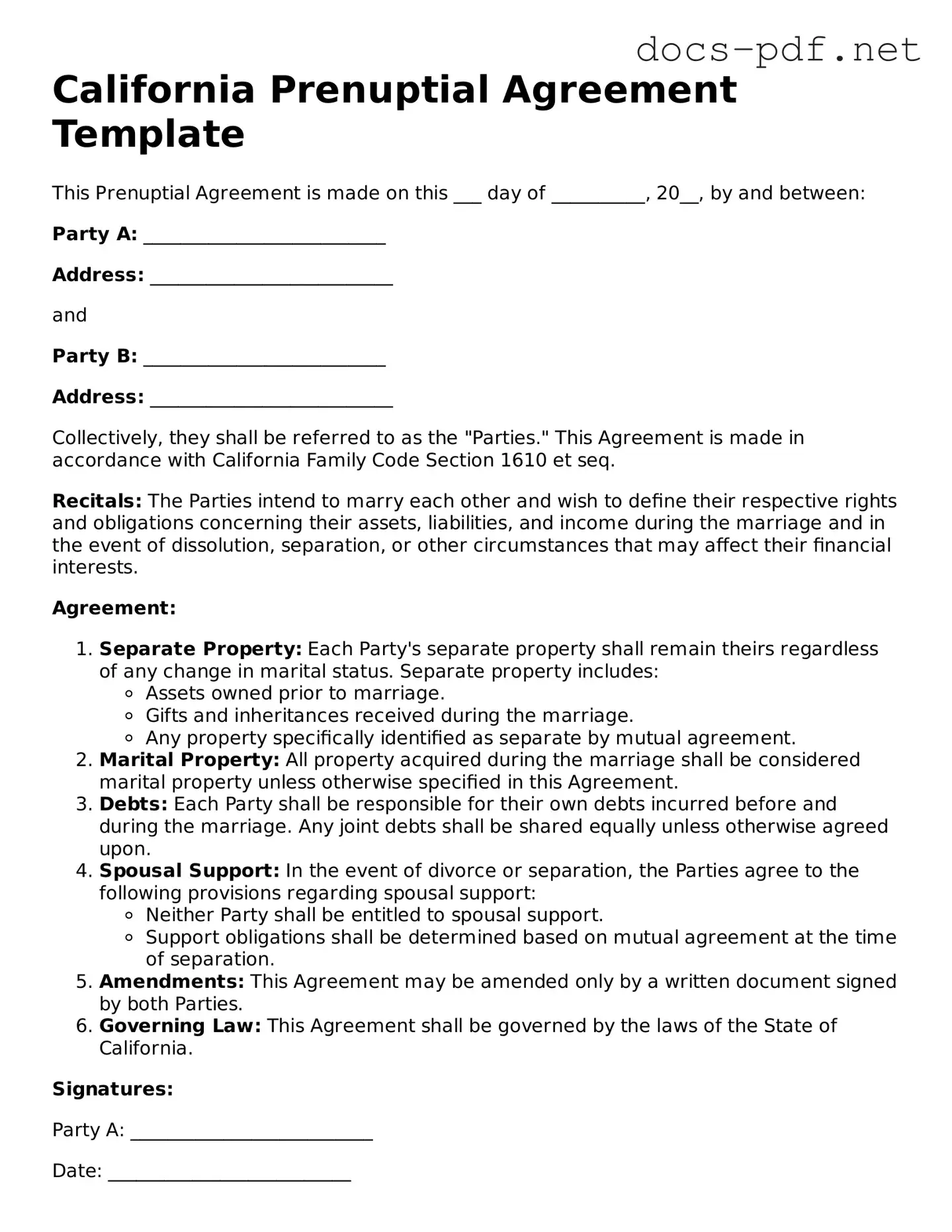 Official  Prenuptial Agreement Form for California