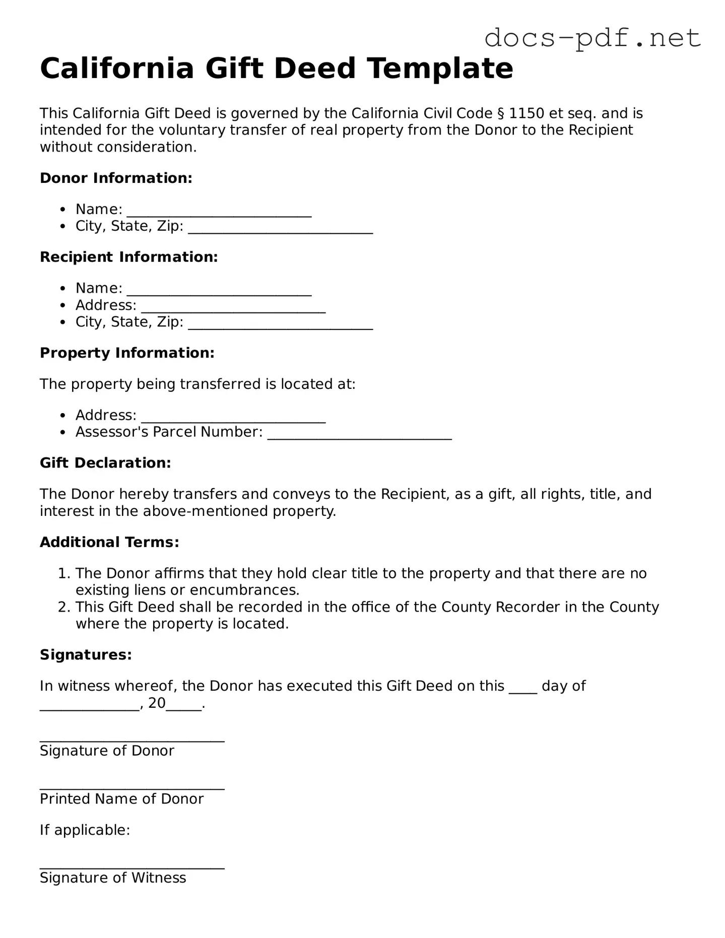 Official  Gift Deed Form for California