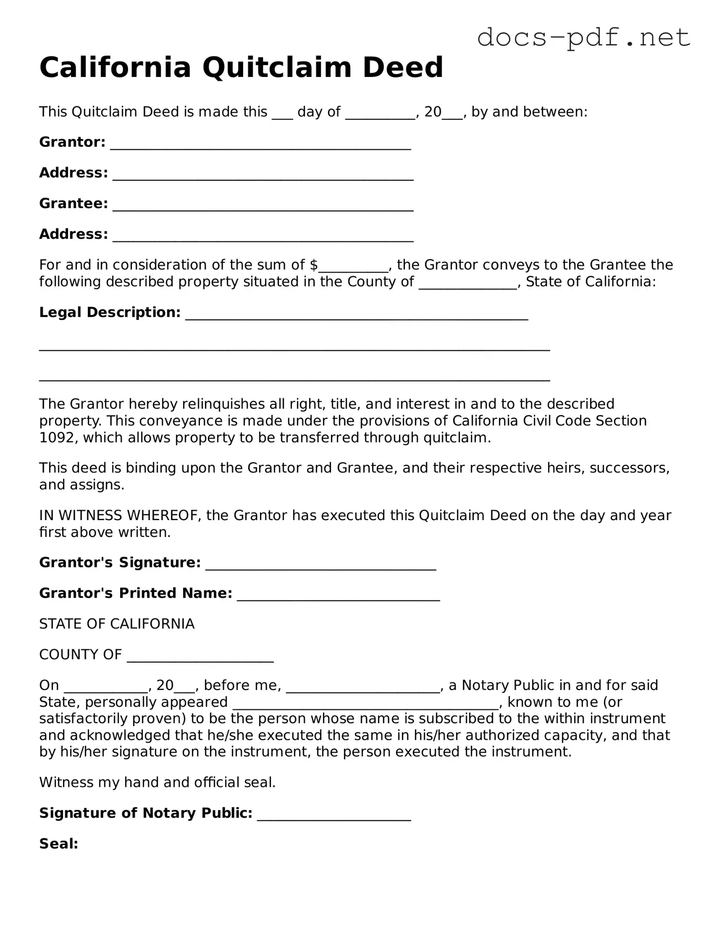 Official  Quitclaim Deed Form for California