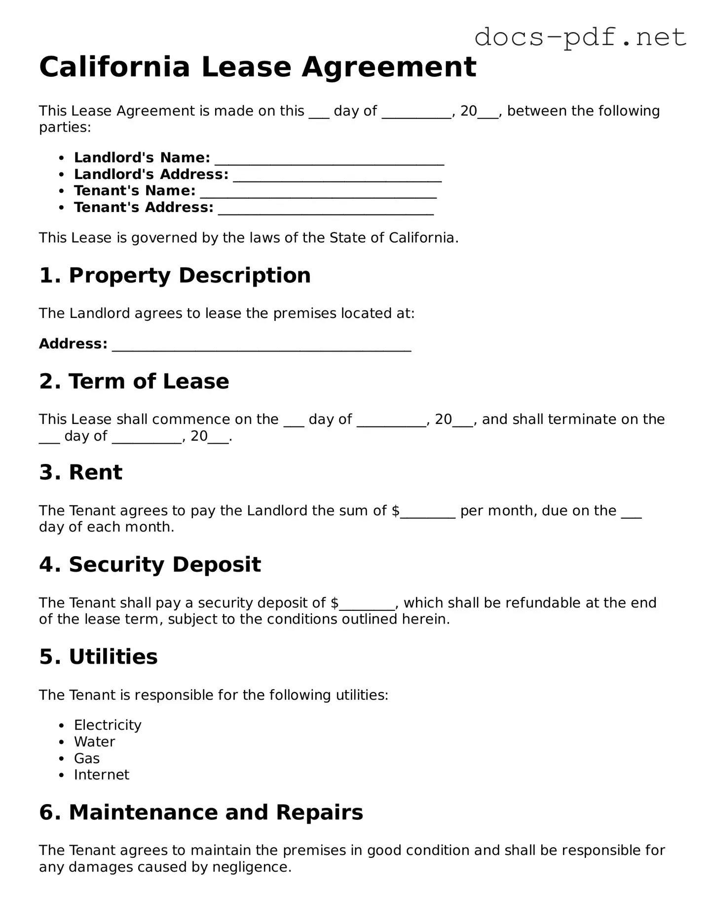 Official  Lease Agreement Form for California