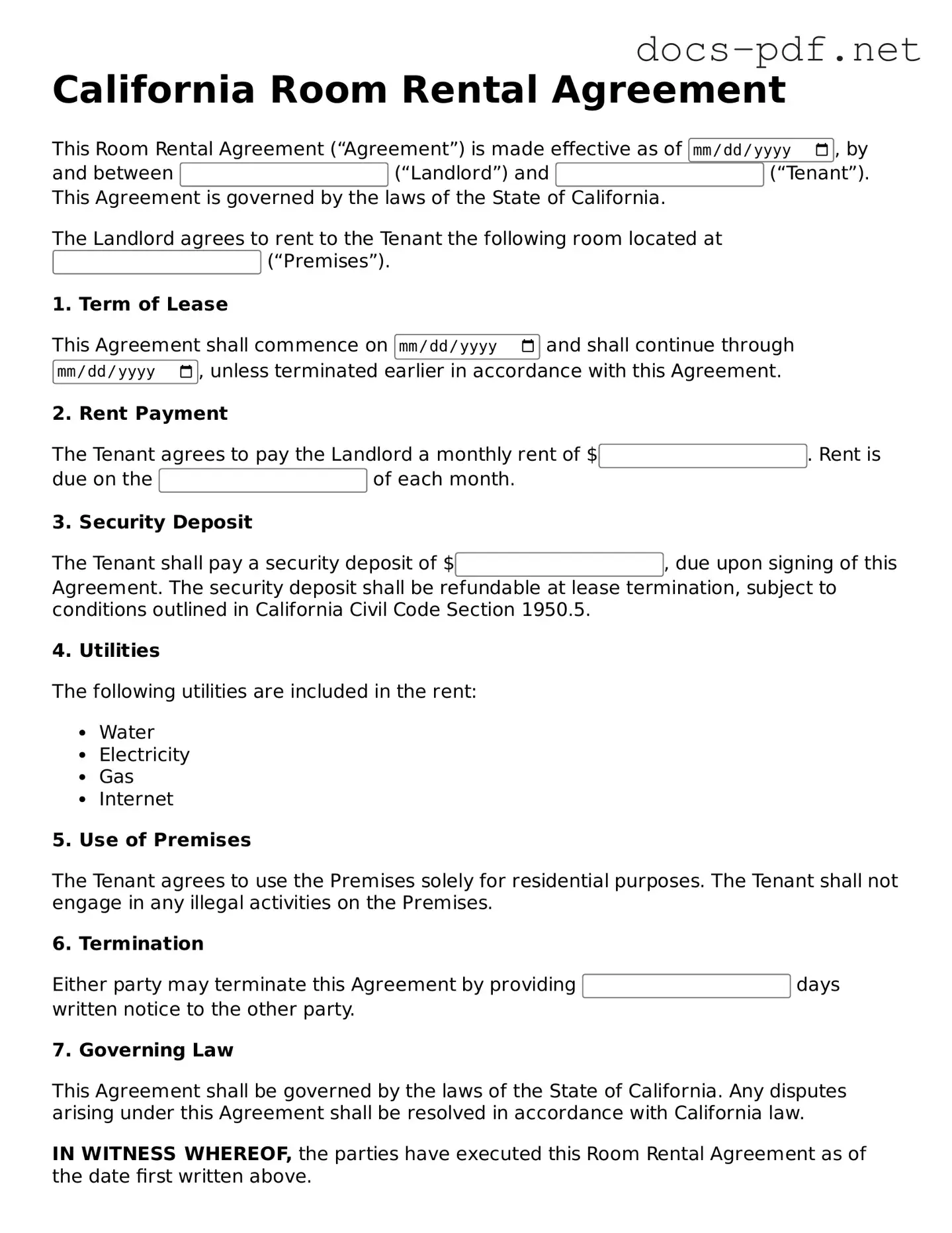 Official  Room Rental Agreement Form for California