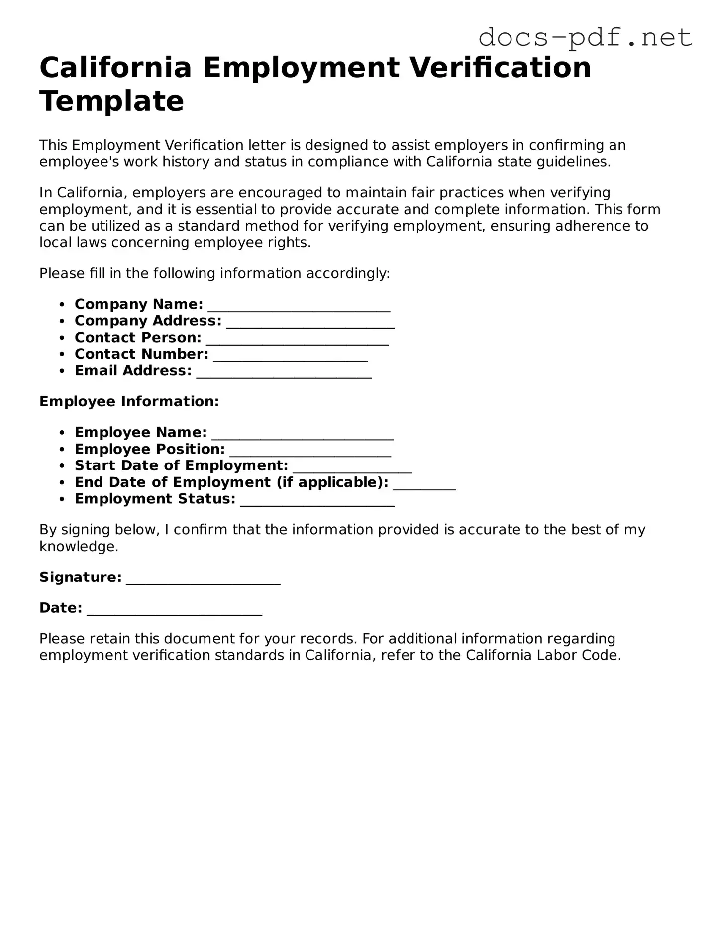 Official  Employment Verification Form for California