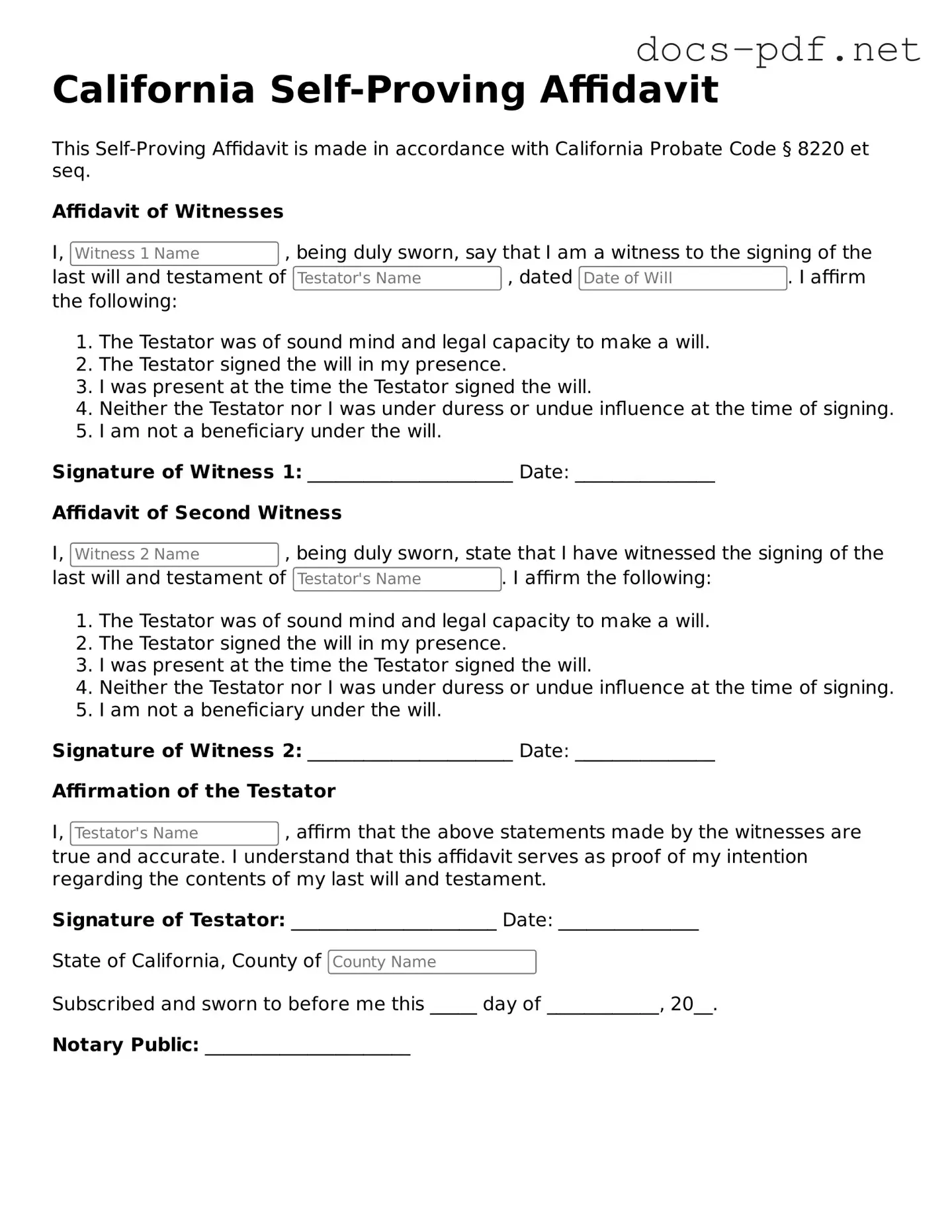 Official  Self-Proving Affidavit Form for California