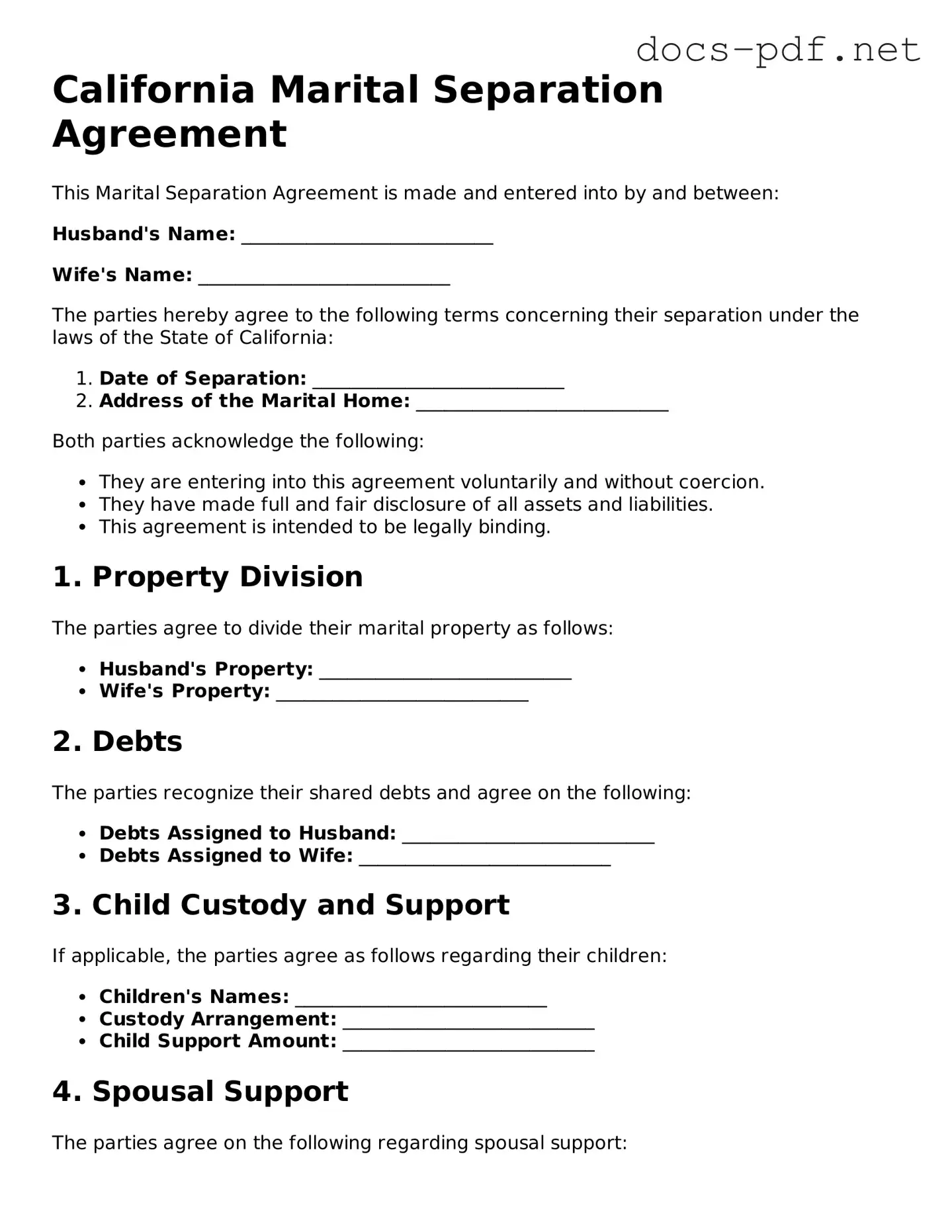 Official  Marital Separation Agreement Form for California