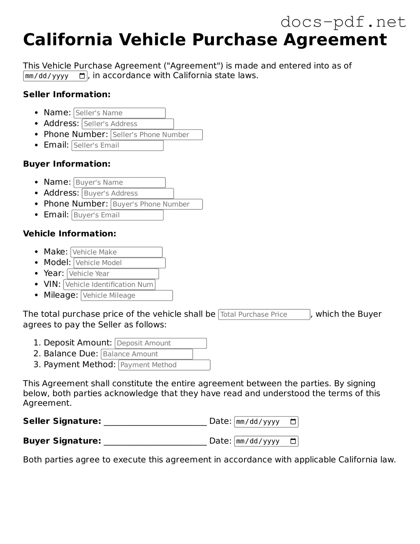 Official  Vehicle Purchase Agreement Form for California