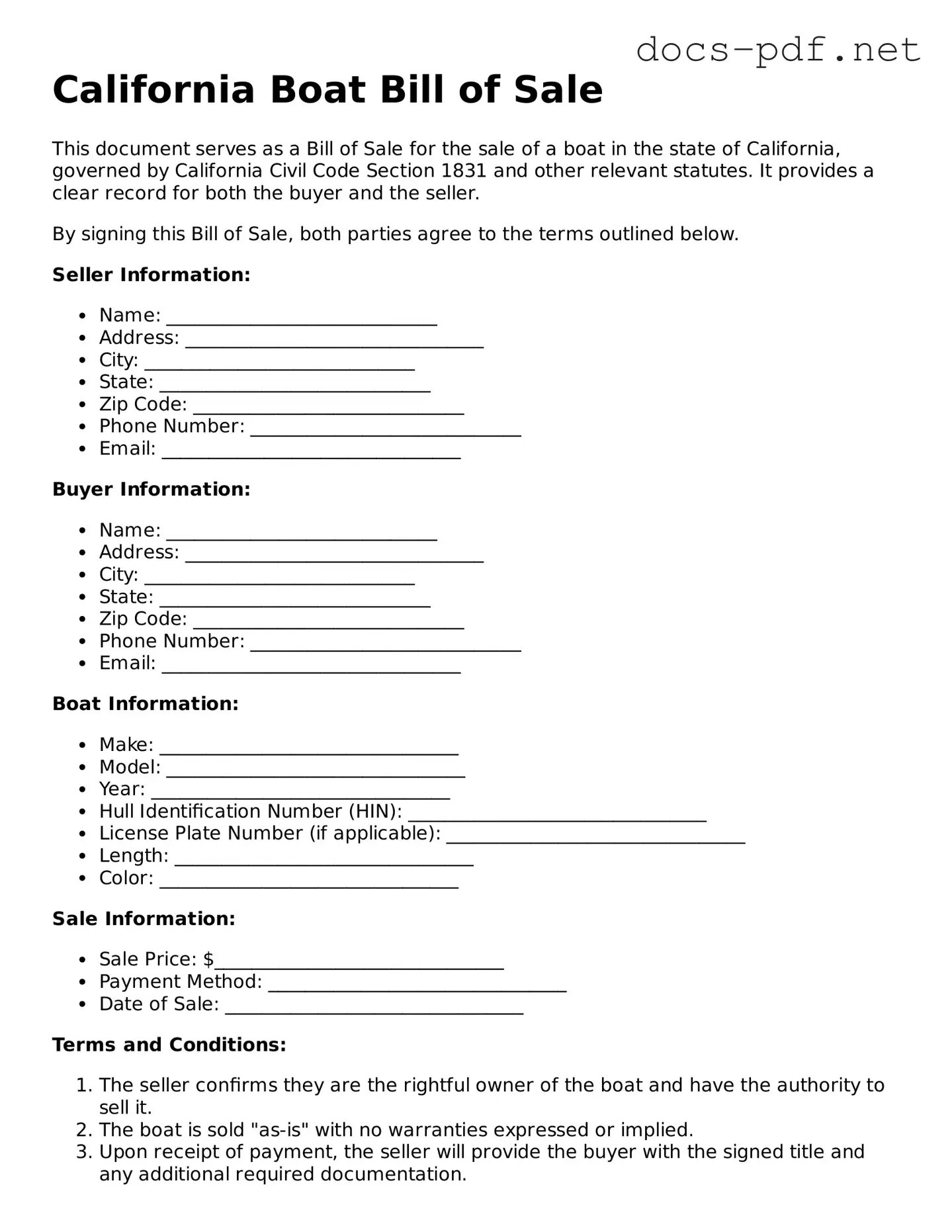 Official  Boat Bill of Sale Form for California