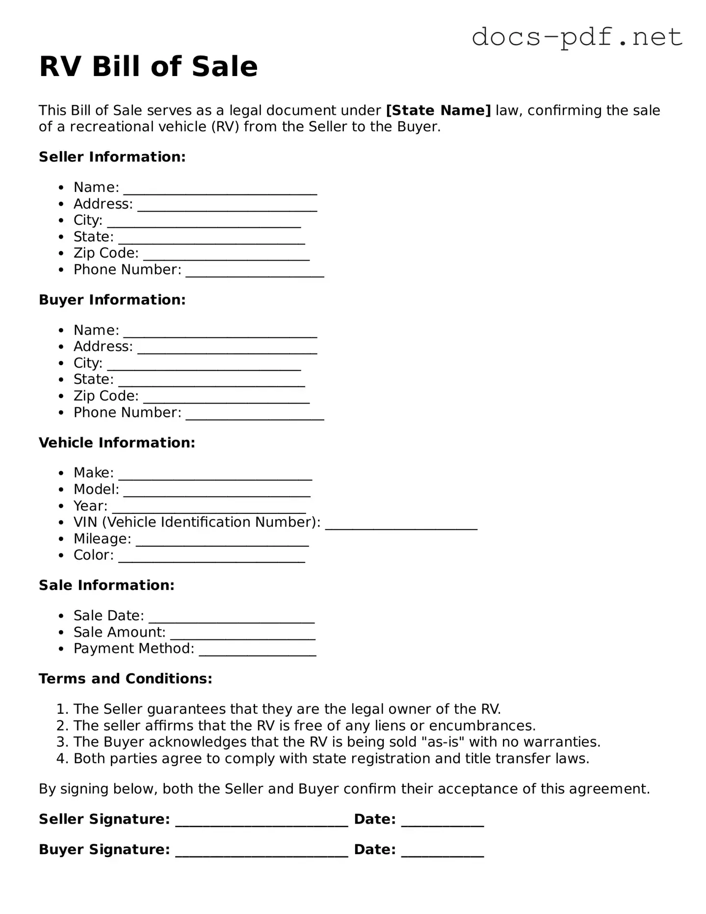 Free RV Bill of Sale Document