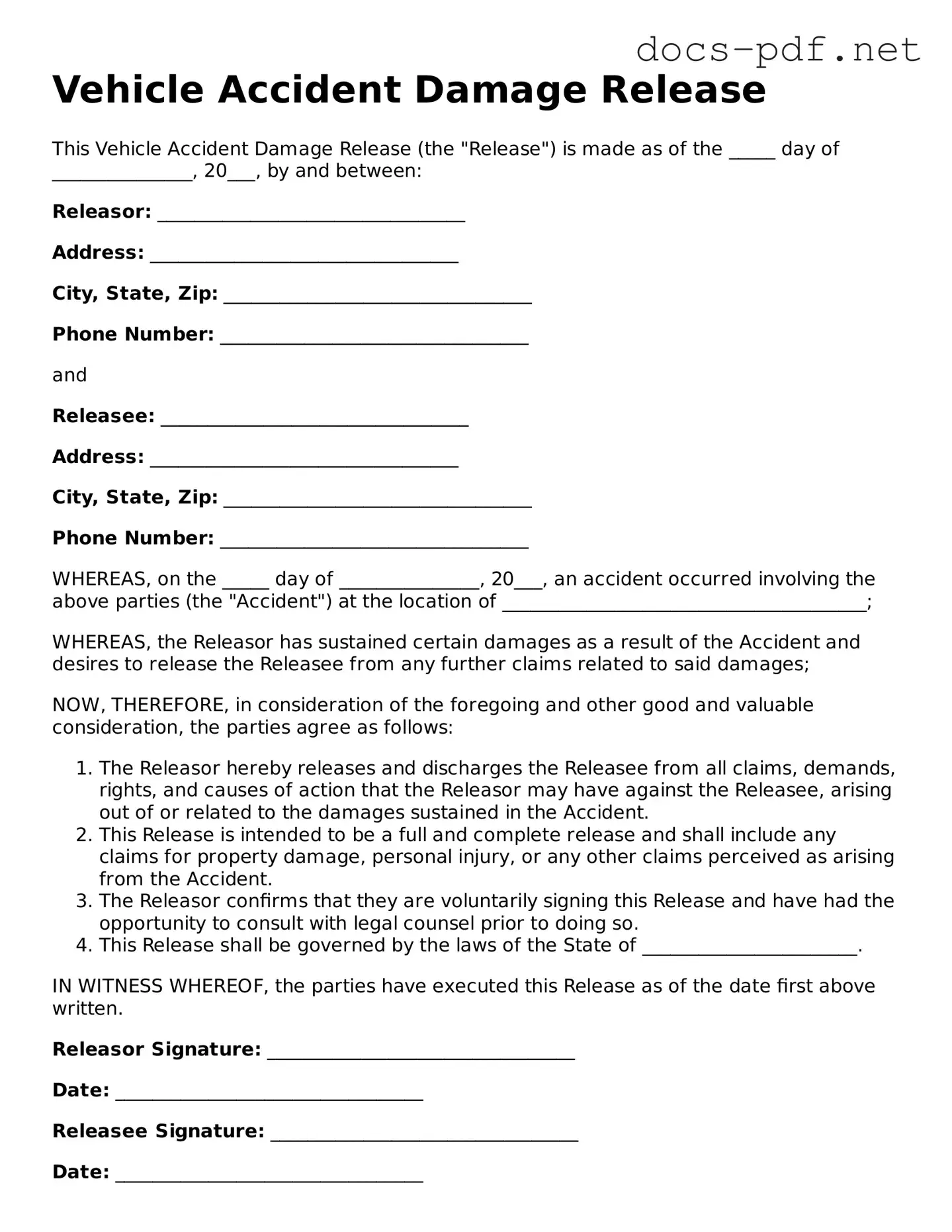 Free Vehicle Accident Damage Release Document