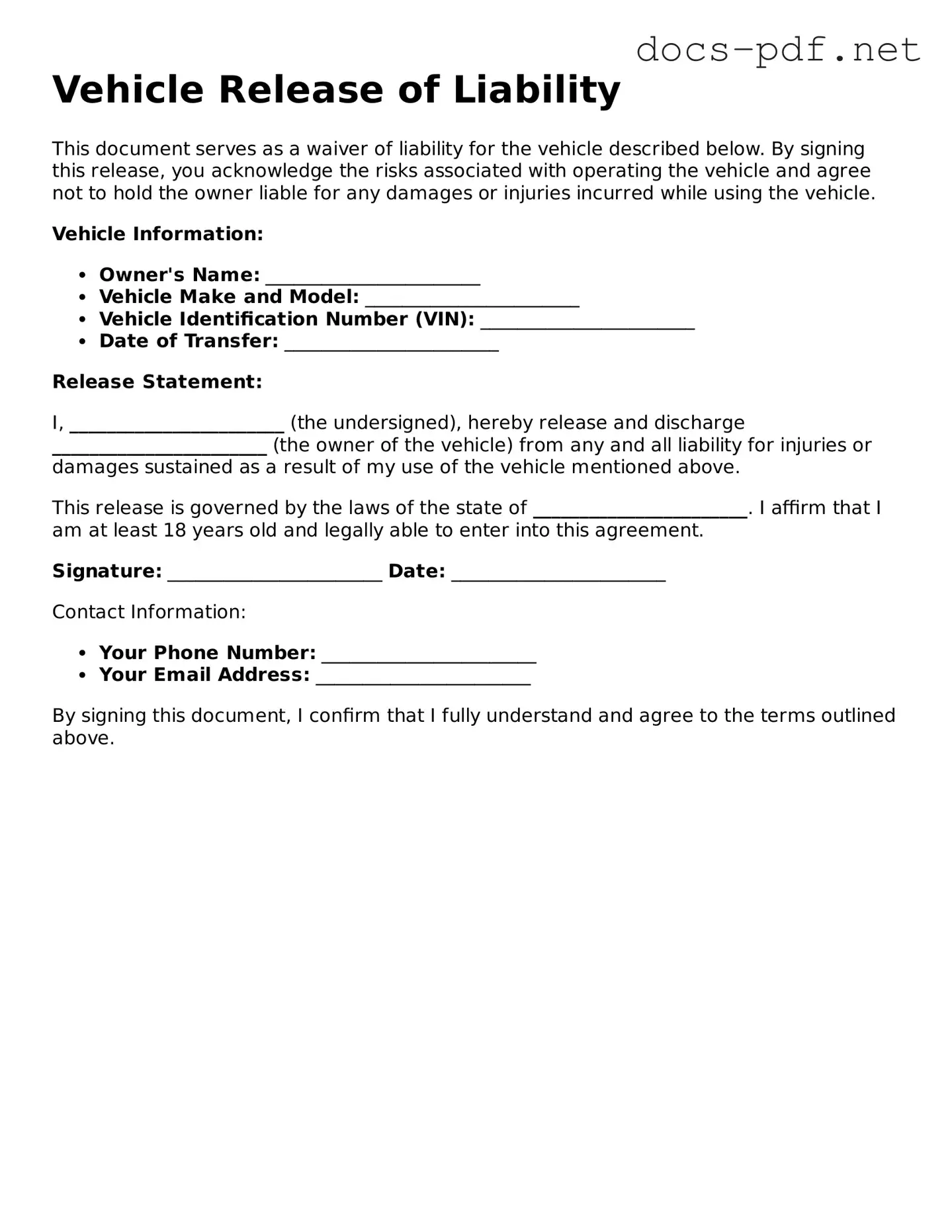 Free Vehicle Release of Liability Document