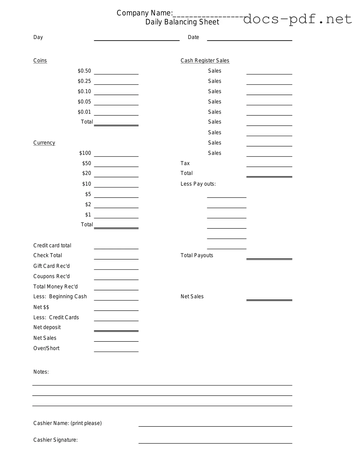Cash Drawer Count Sheet Form in PDF
