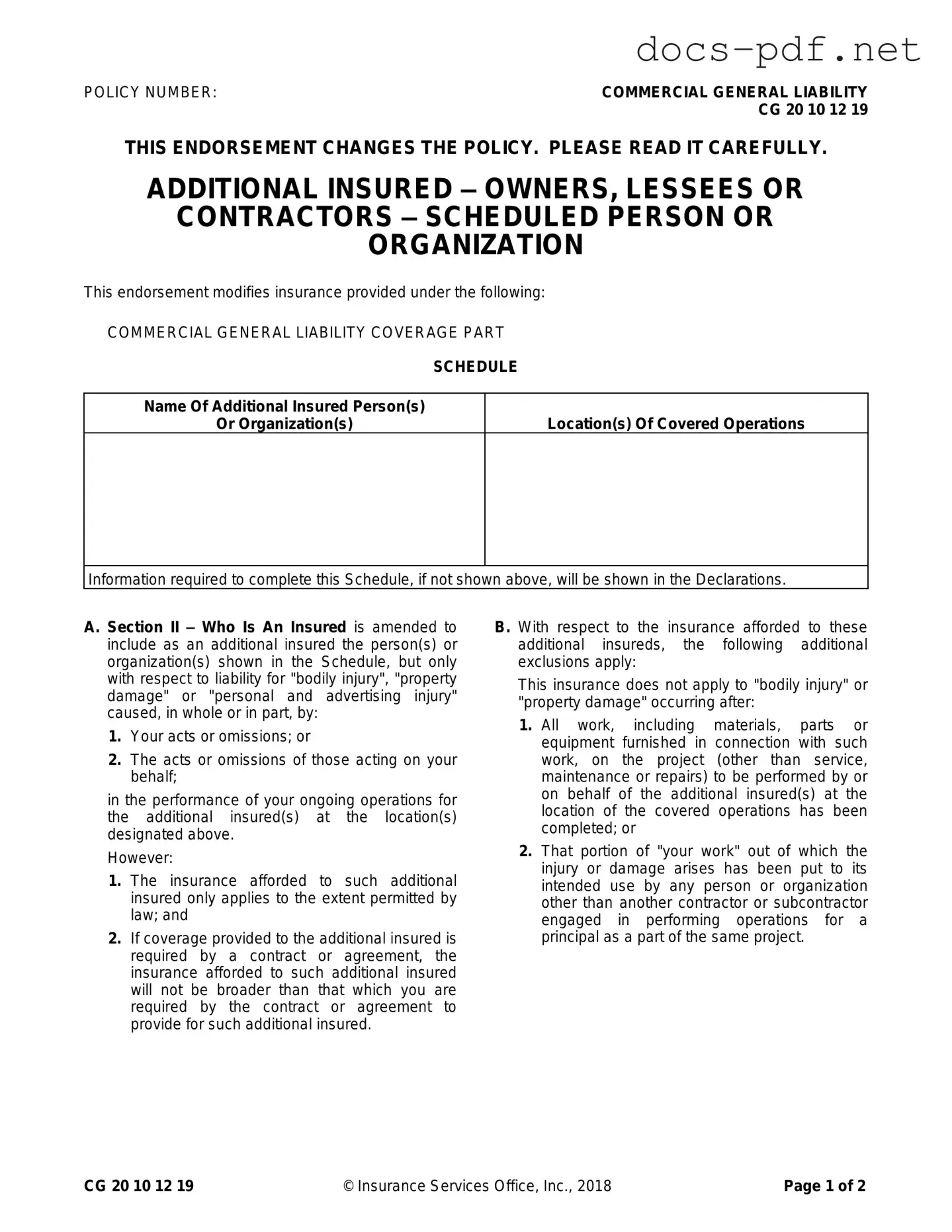 Cg 20 10 07 04 Liability Endorsement Form in PDF