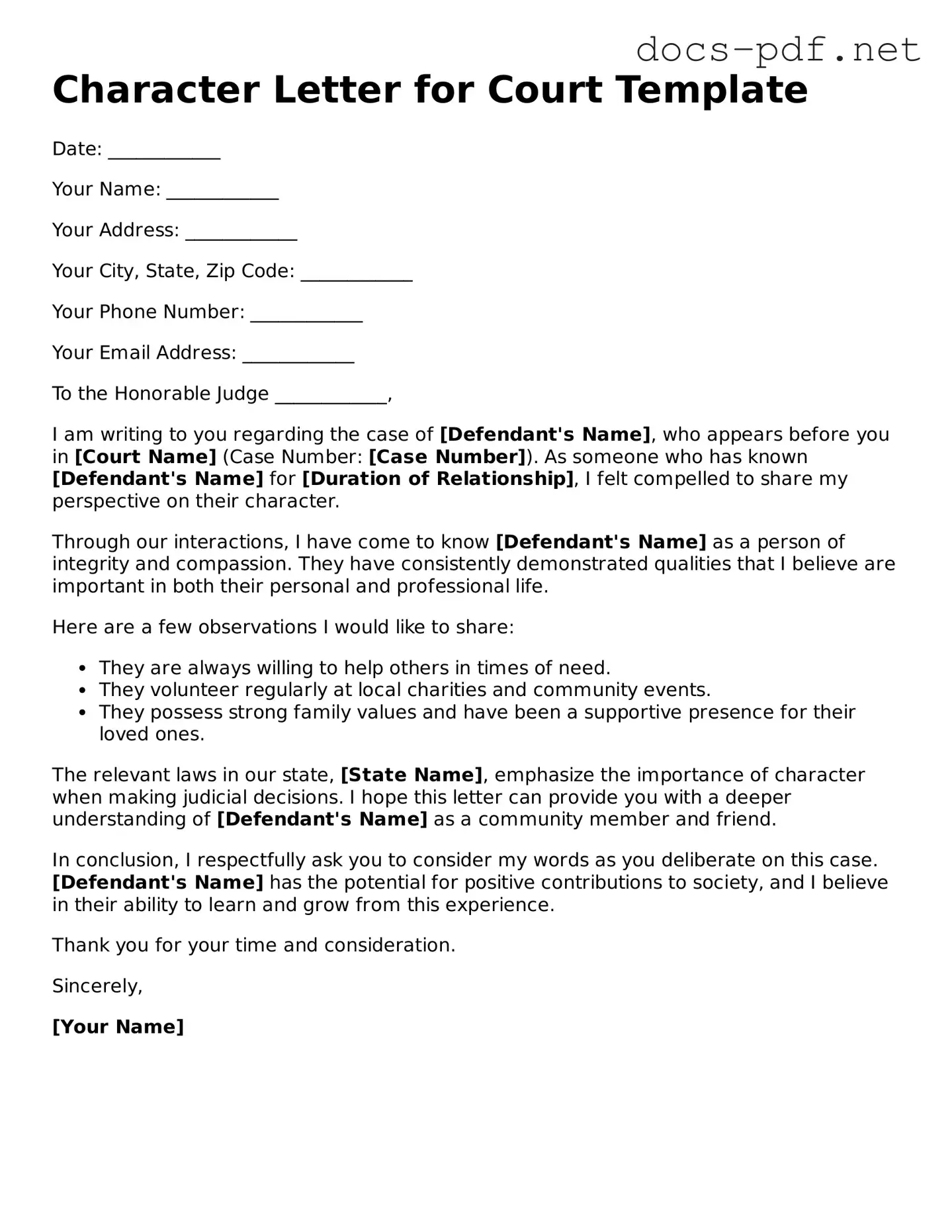 Free Character Letter for Court Document