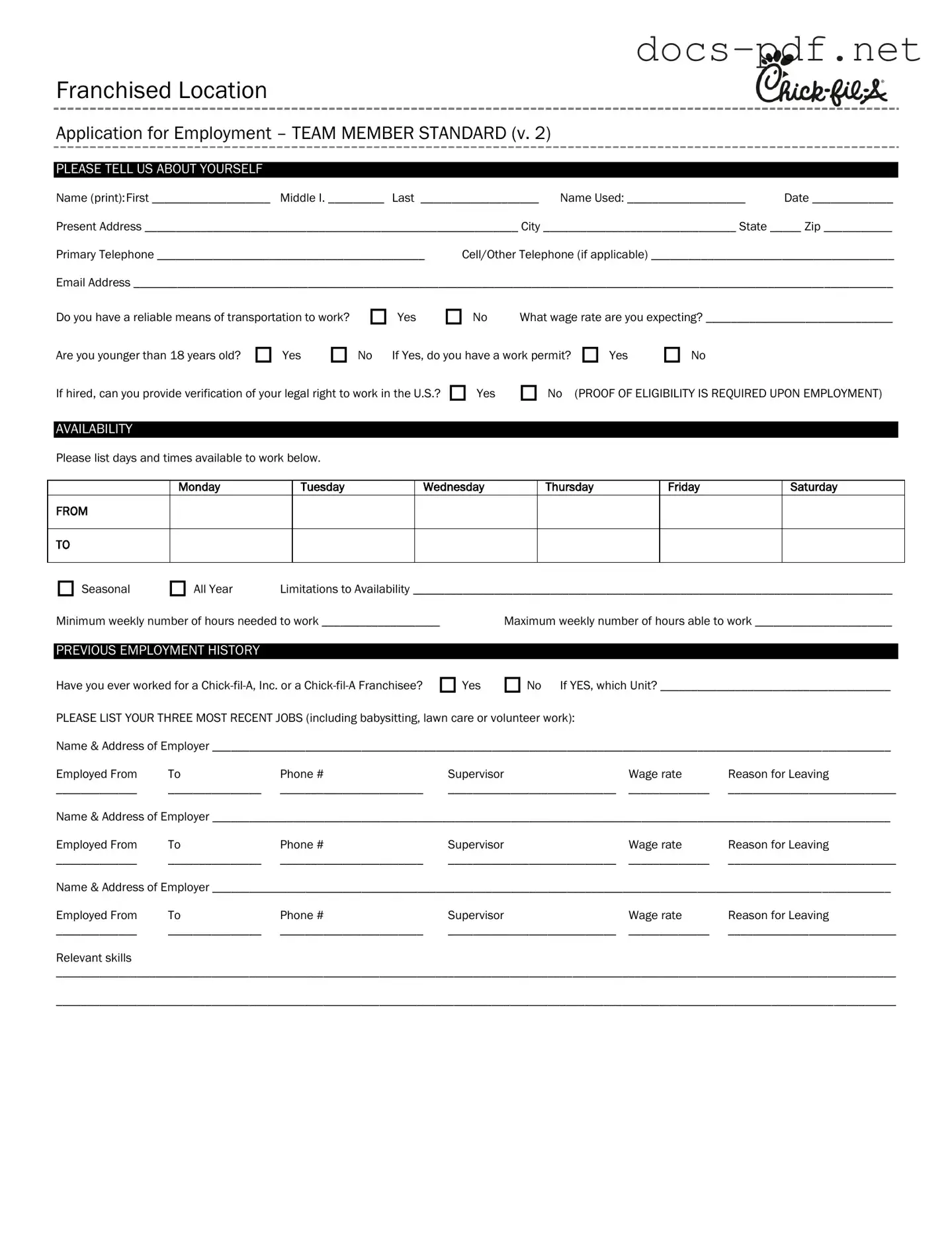 Chick Fil A Job Application Form in PDF