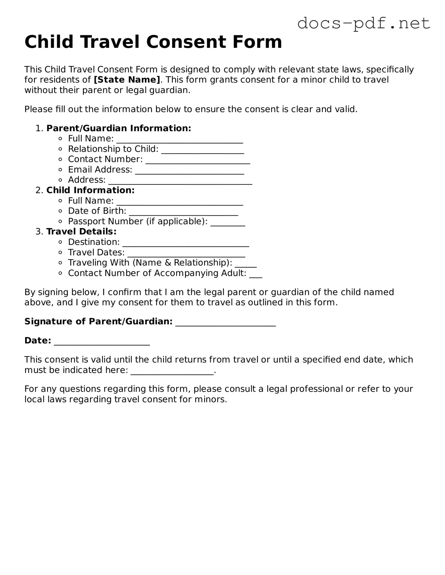 Free Child Travel Consent Form Document