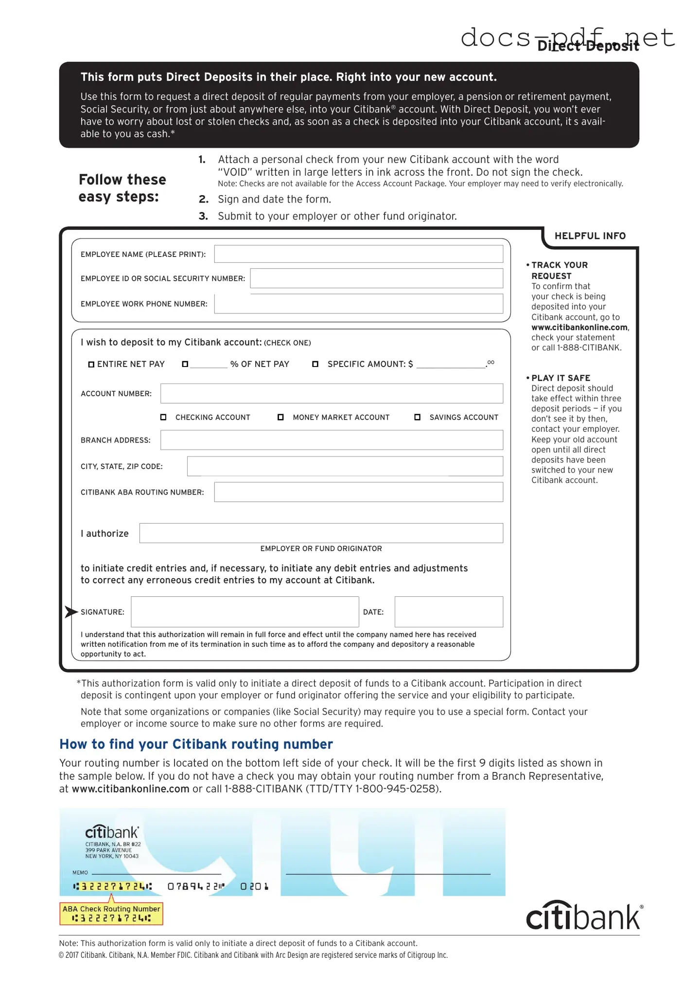 Citibank Direct Deposit Form in PDF
