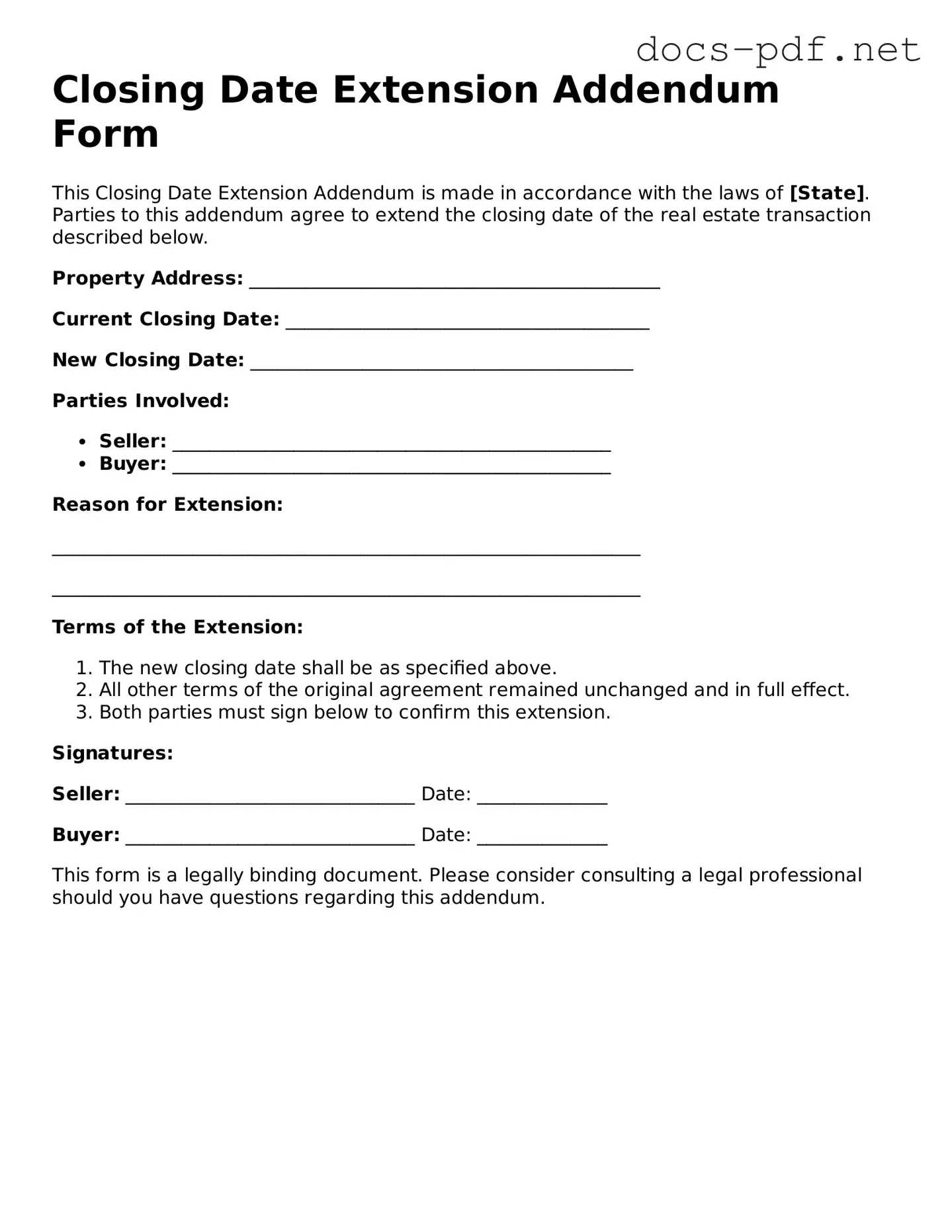 Free Closing Date Extension Addendum Form Document