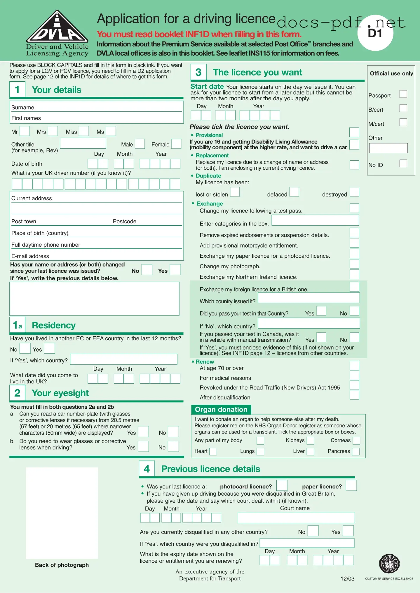 D1 Dvla Form in PDF