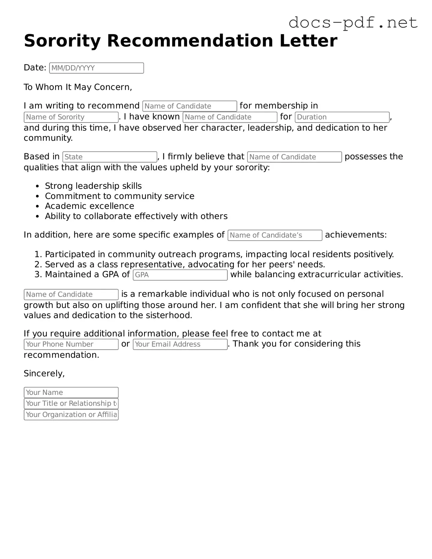 Free Sorority Recommendation Letter Document