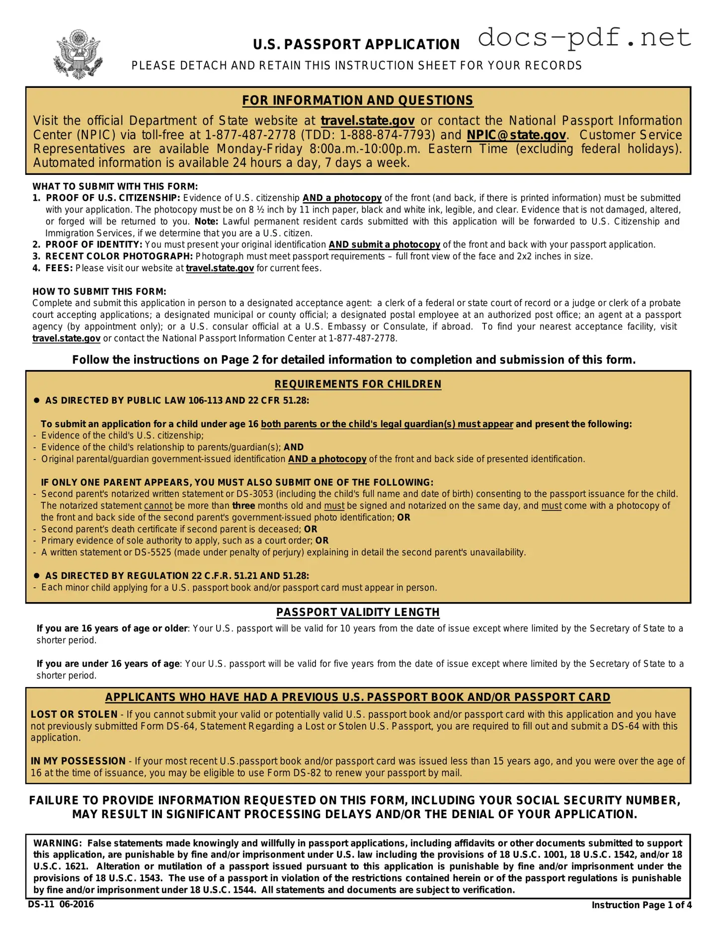 DS-11 U.S. Passport application Form in PDF
