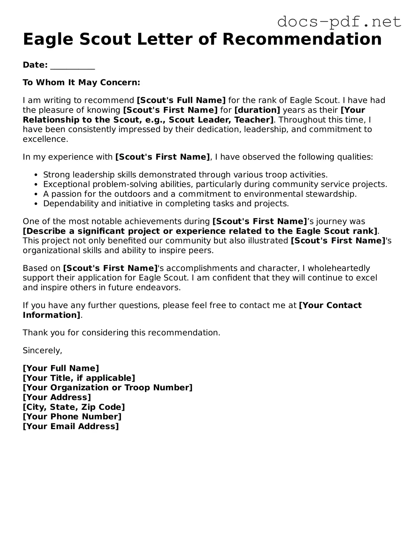 Free Eagle Scout Letter of Recommendation Document