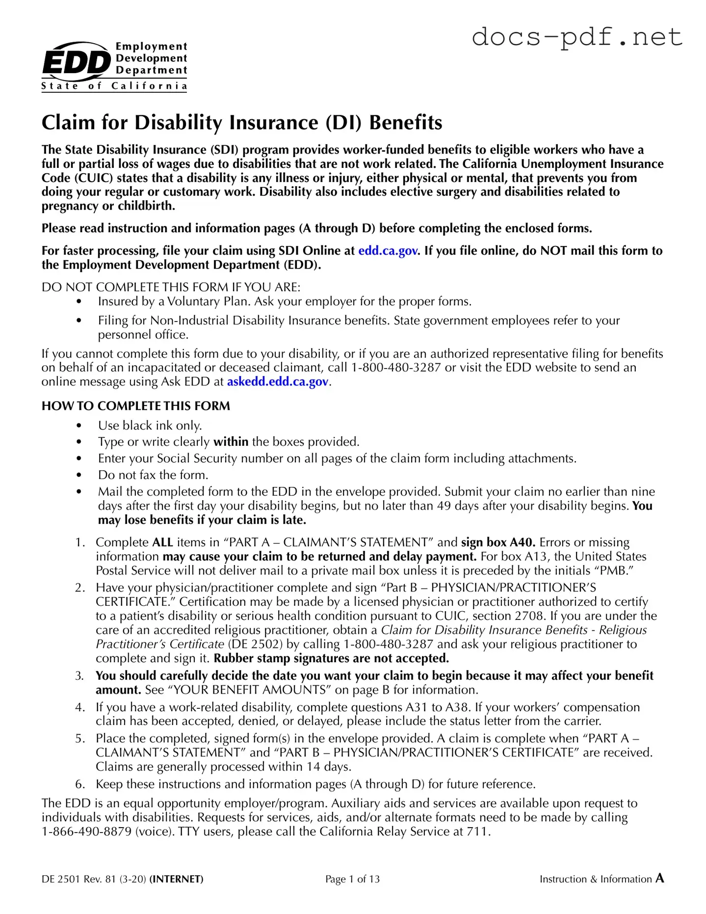 EDD DE 2501 Form in PDF
