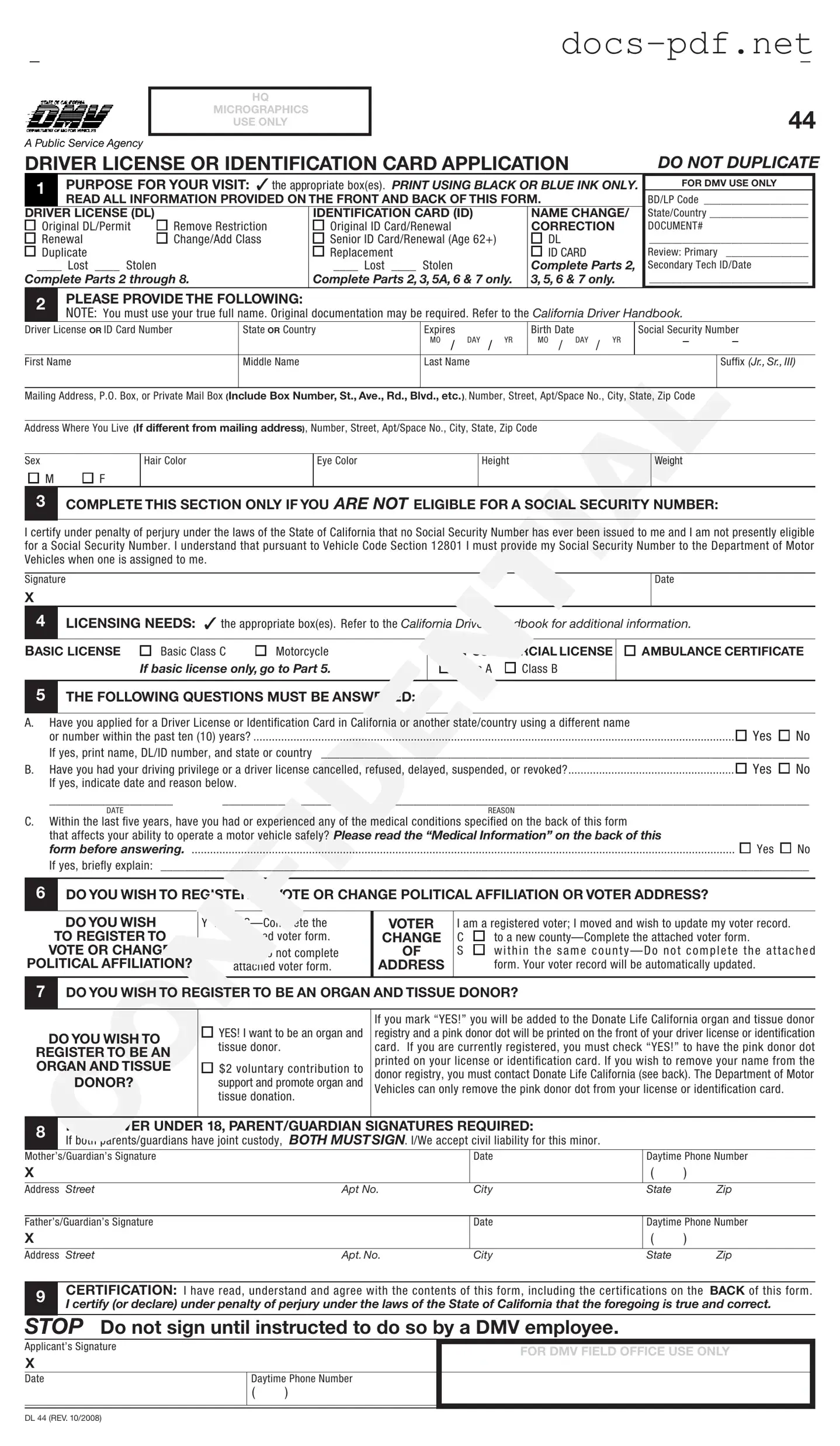 Ca Dmv Dl 44 Form in PDF