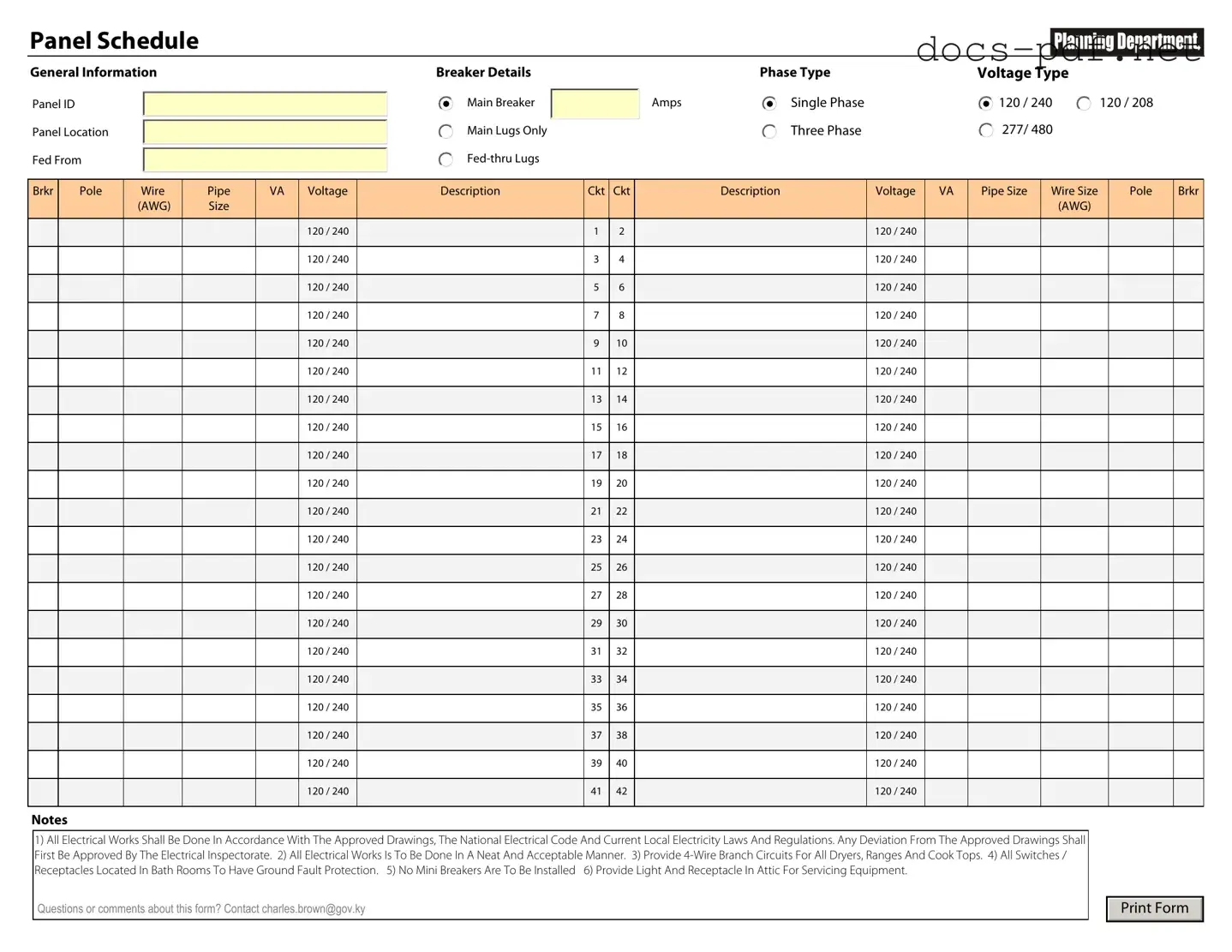 Electrical Panel Schedule Form in PDF
