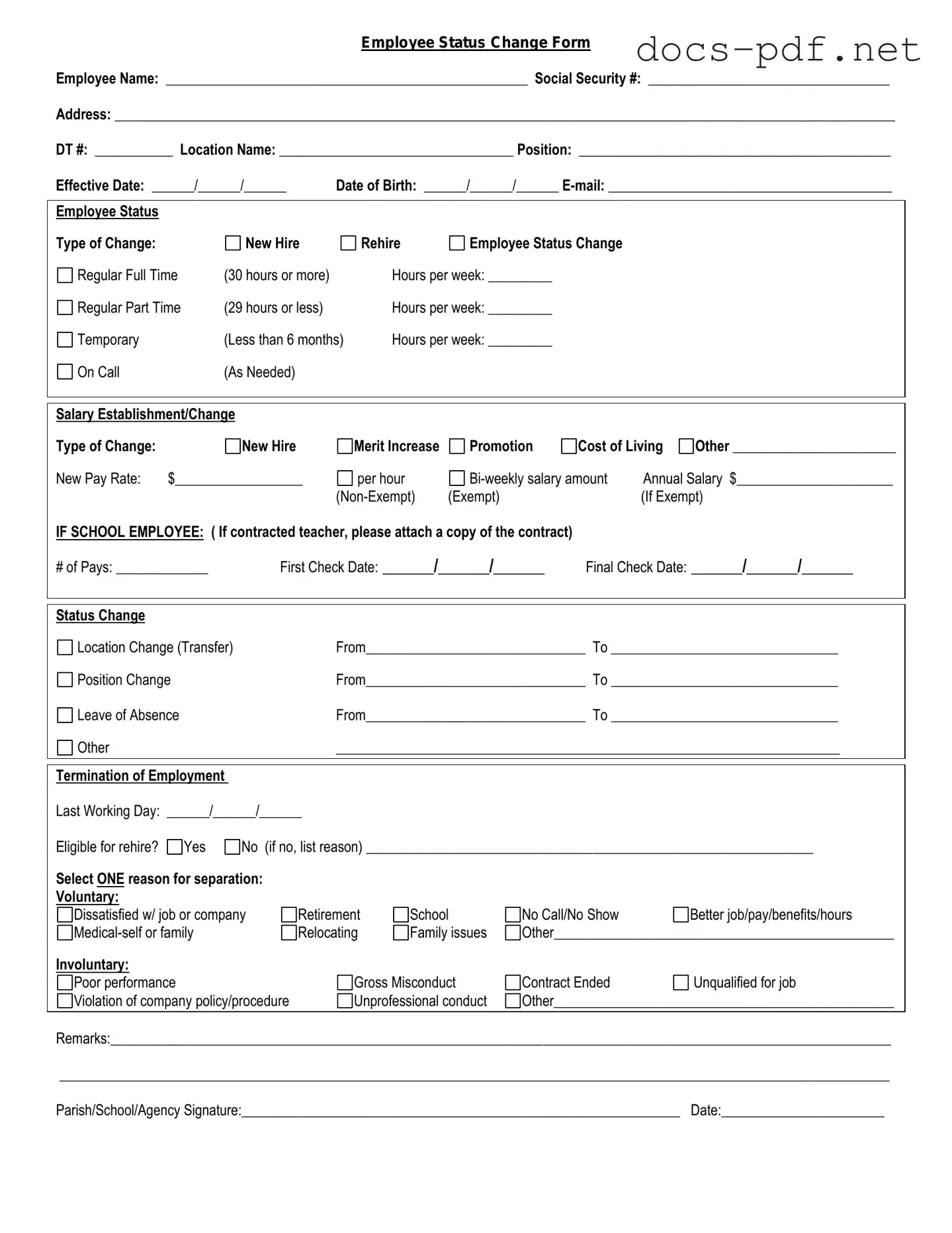 Employee Status Change Form in PDF