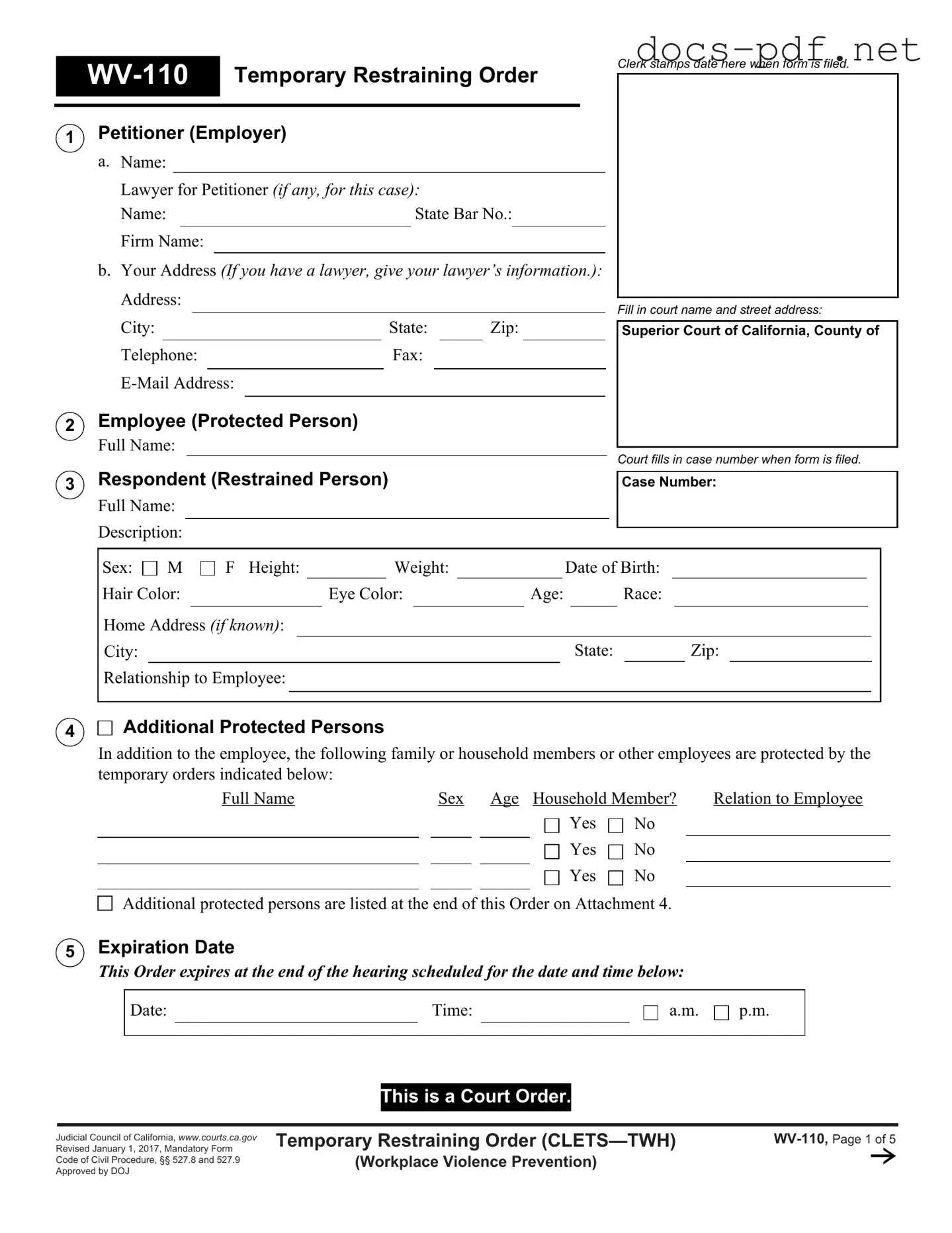 Fake Restraining Order Form in PDF