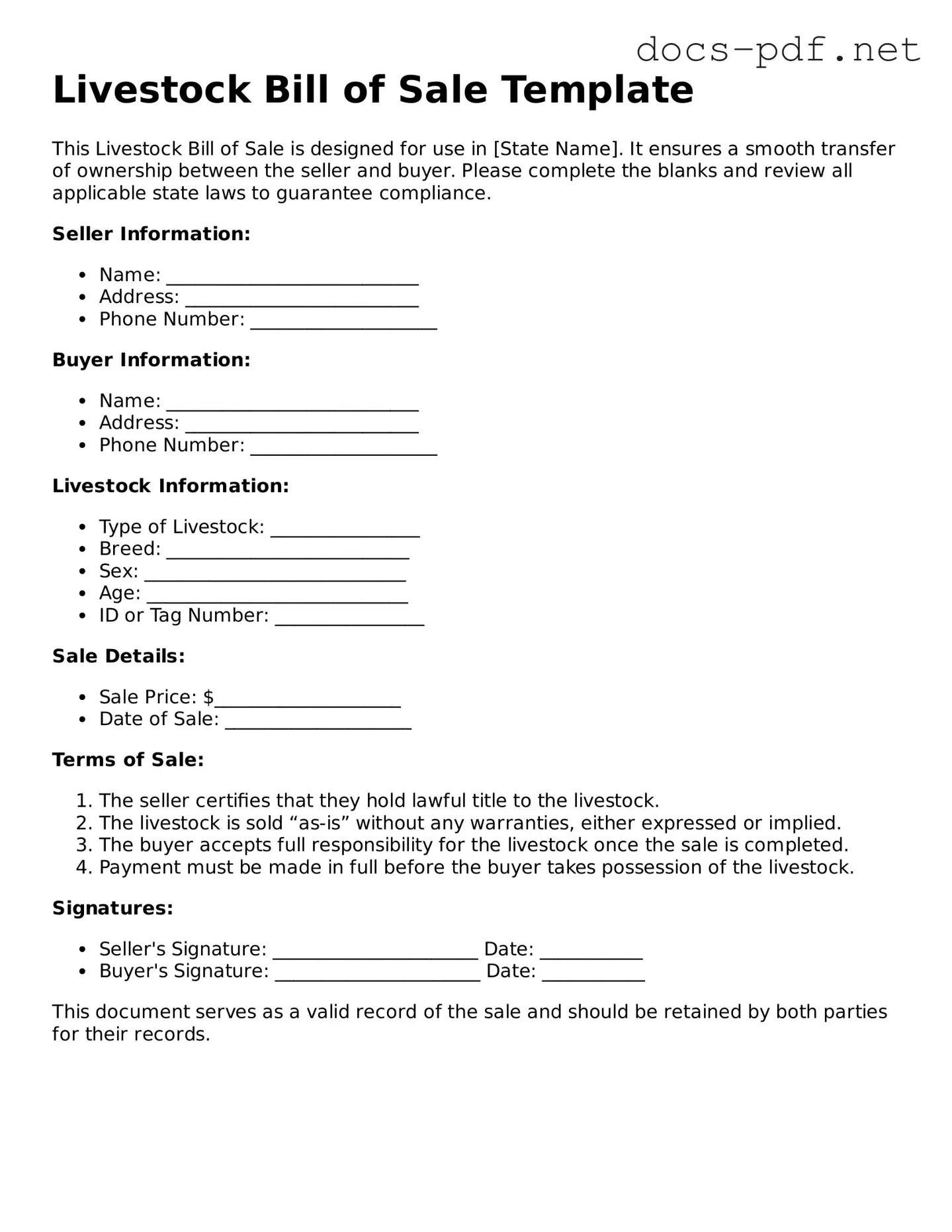 Free Livestock Bill of Sale Document