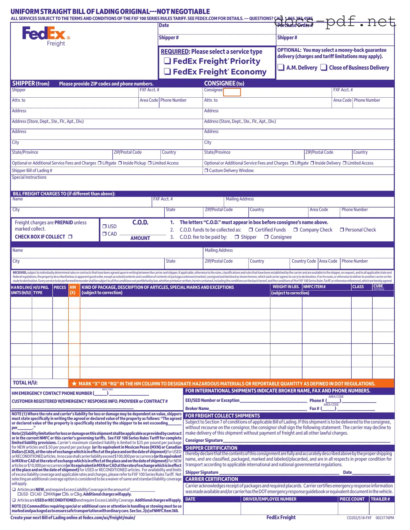 Fedex Bill Of Lading Form in PDF