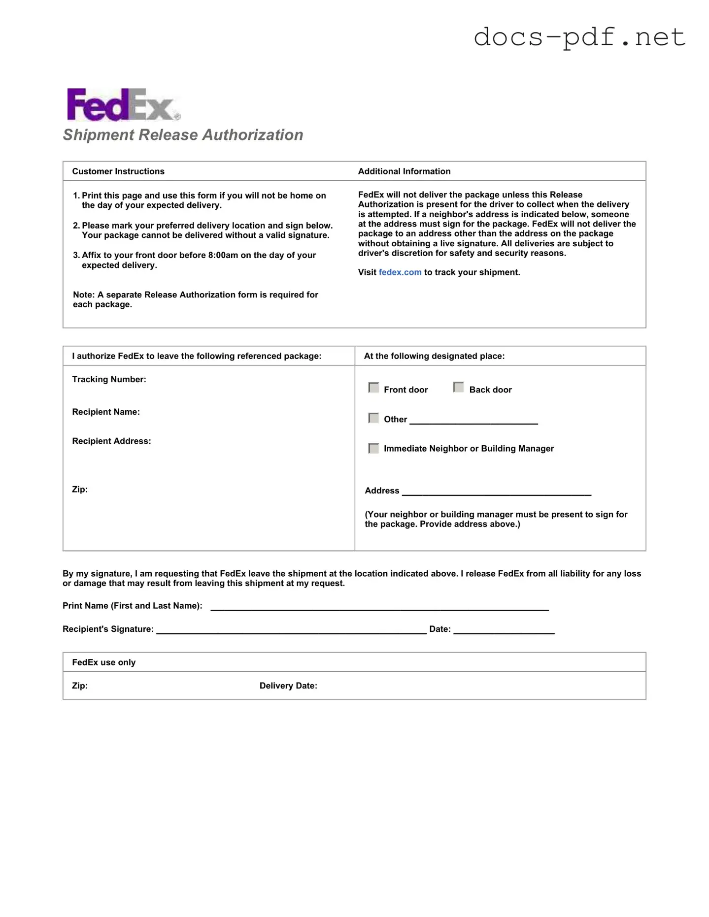 Fedex Release Form in PDF