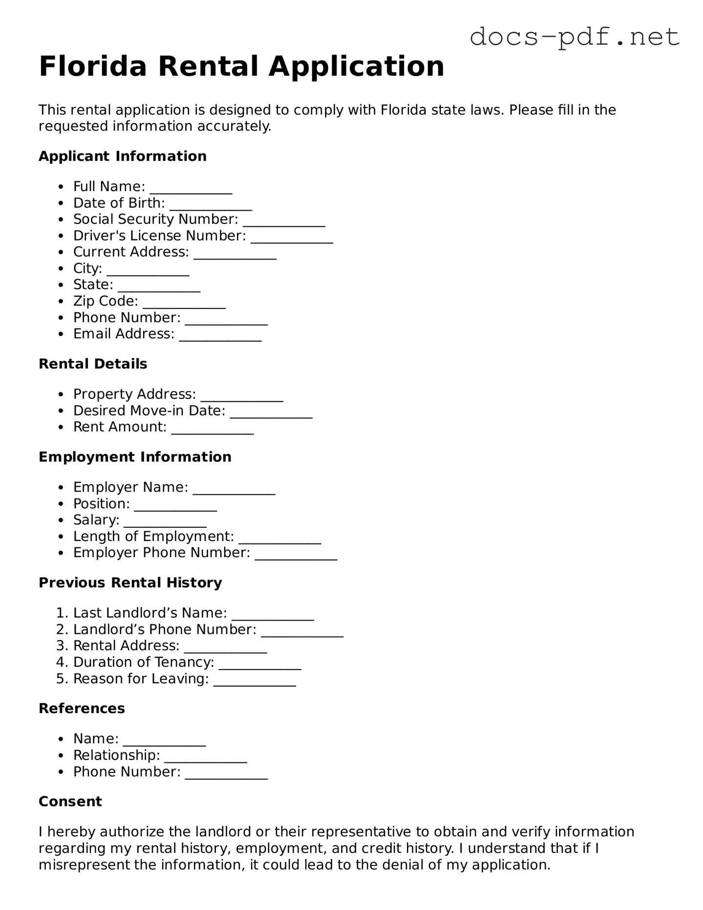 Official  Rental Application Form for Florida