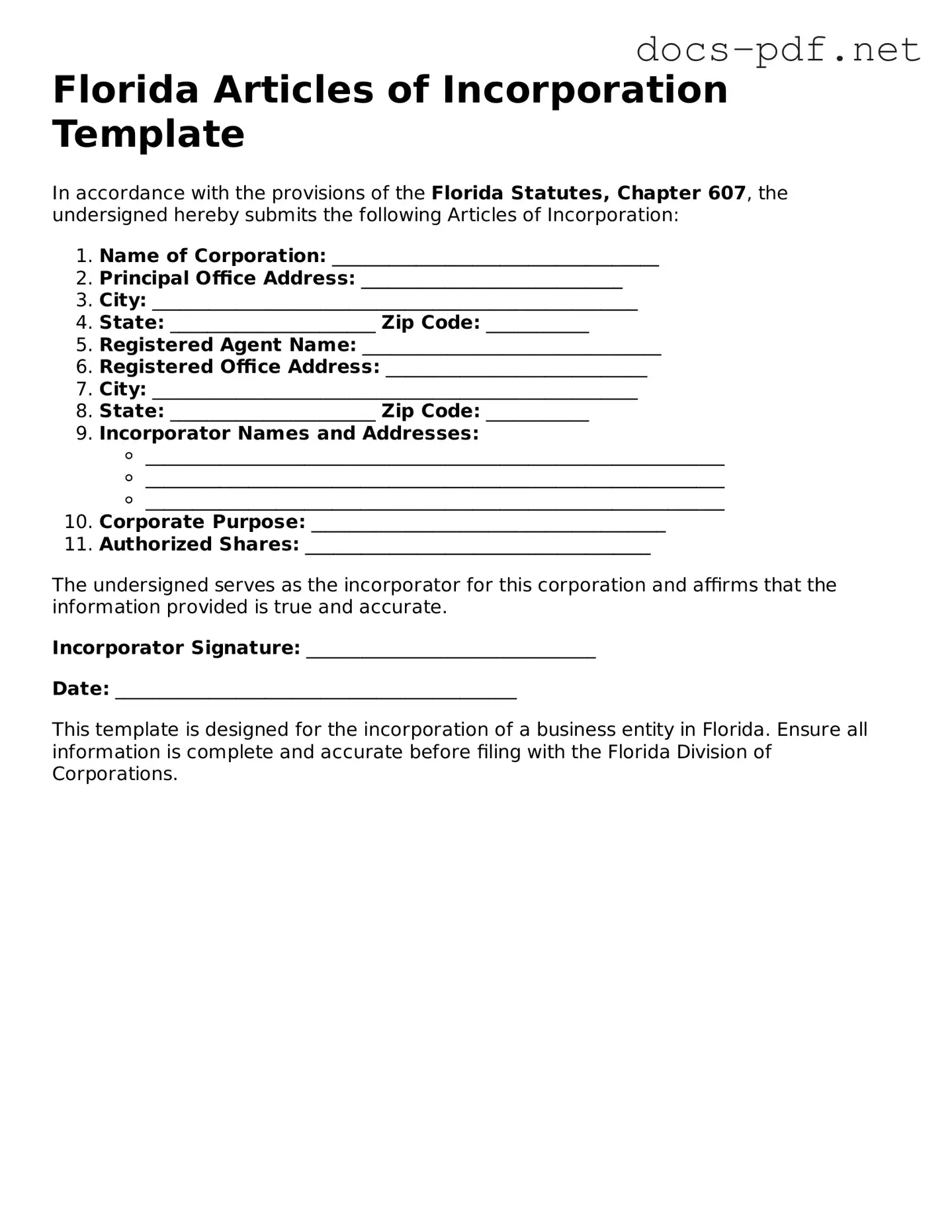 Official  Articles of Incorporation Form for Florida