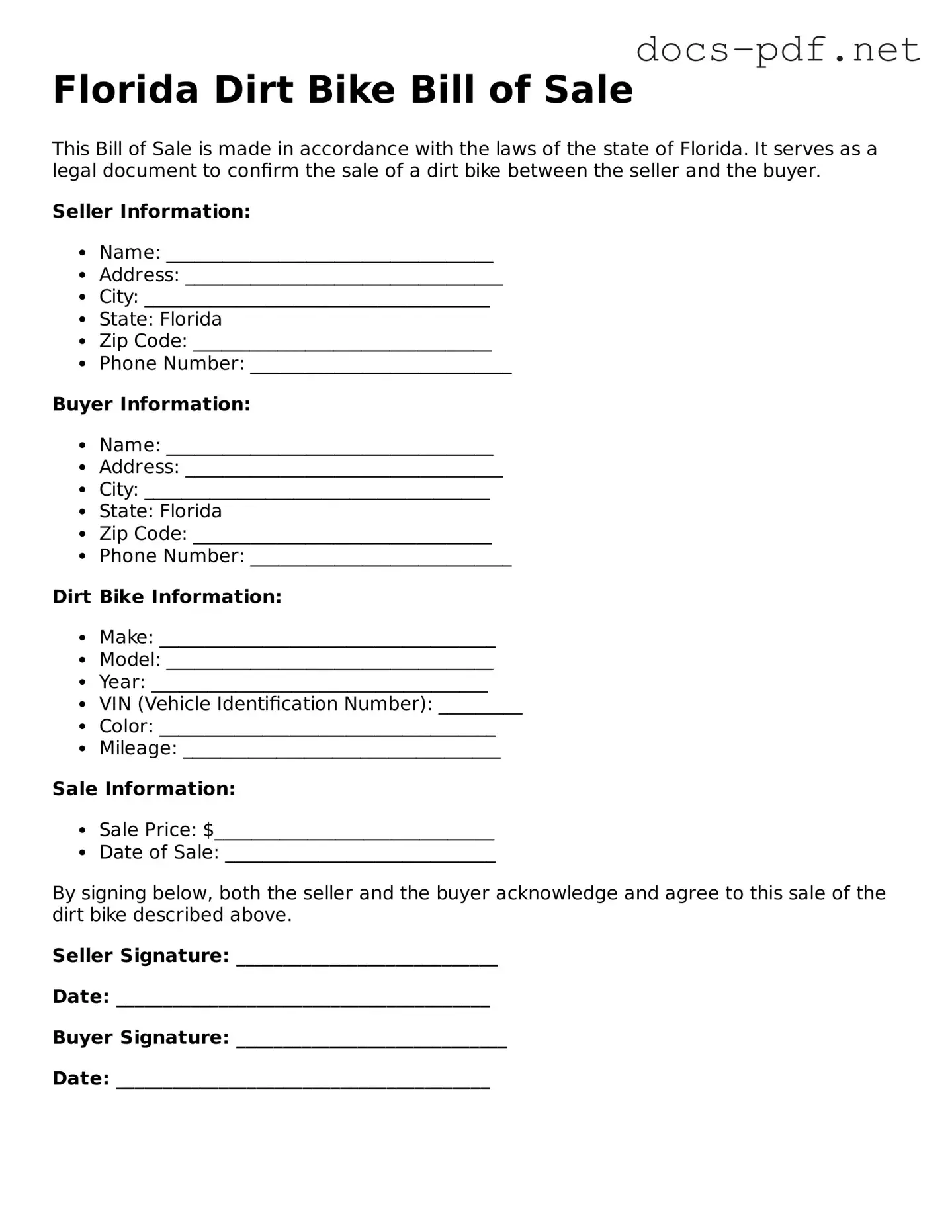 Official  Dirt Bike Bill of Sale Form for Florida