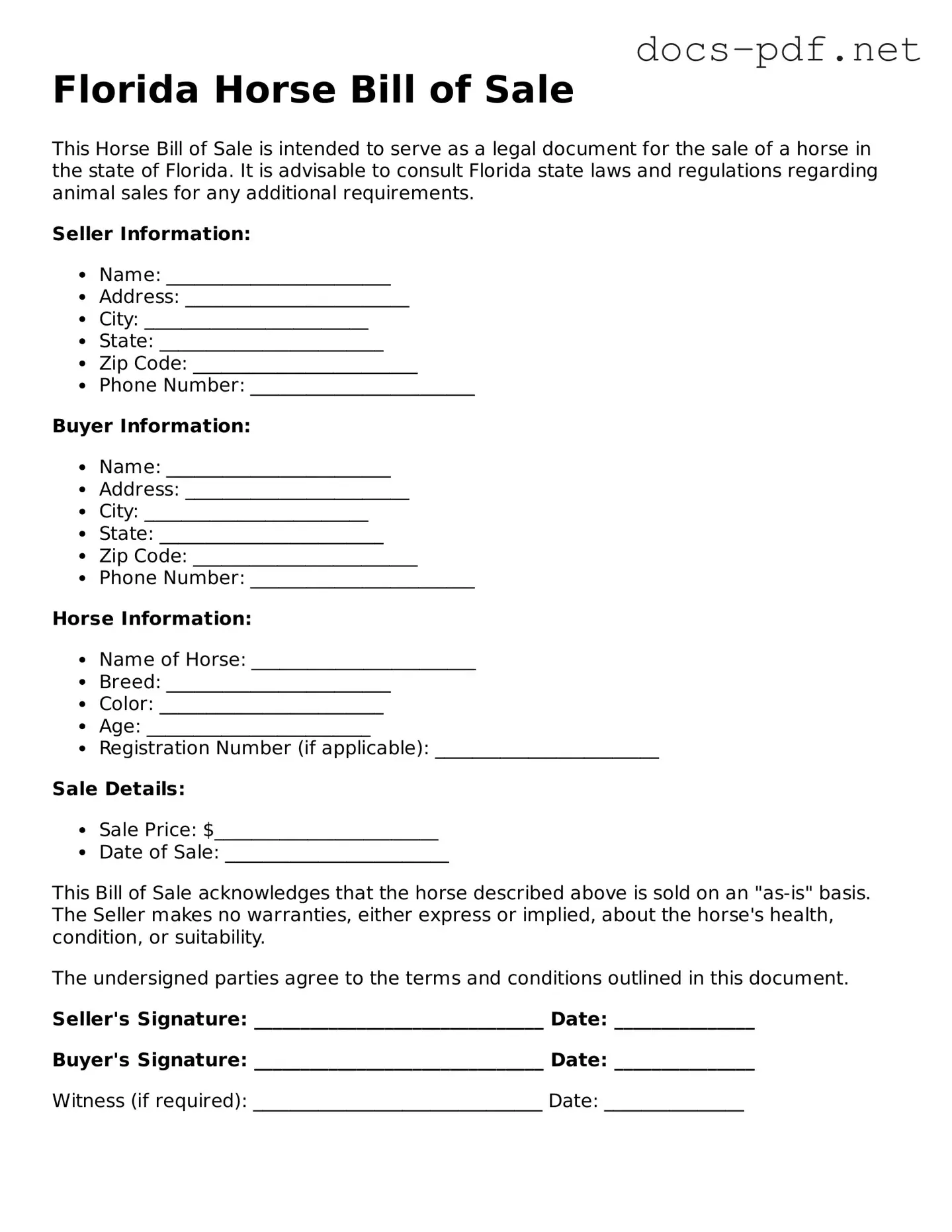 Official  Horse Bill of Sale Form for Florida