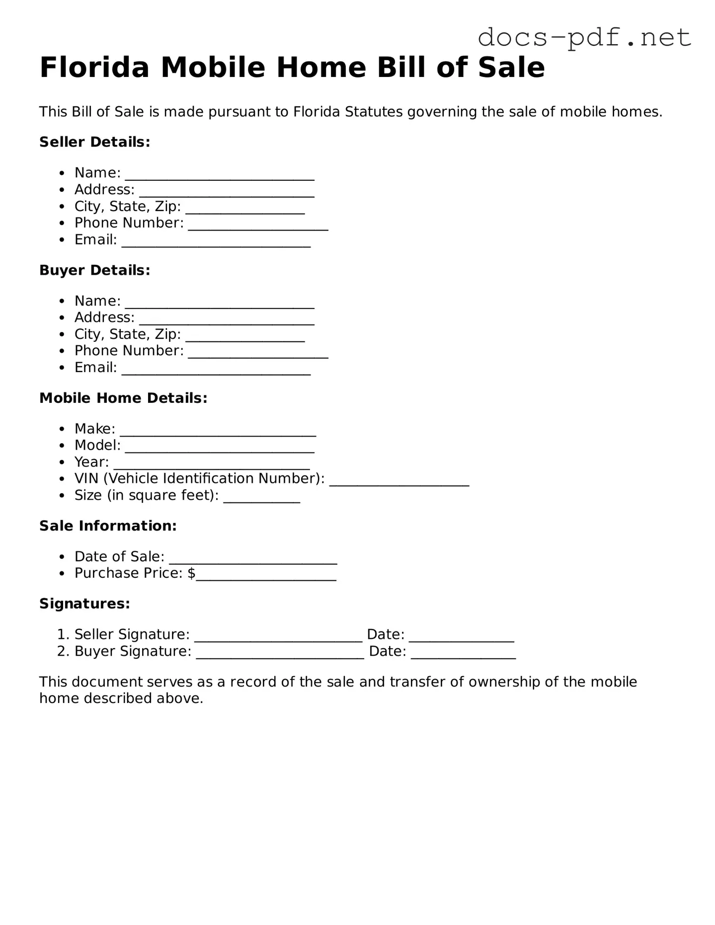 Official  Mobile Home Bill of Sale Form for Florida