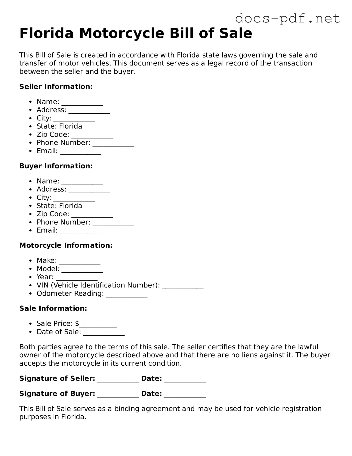 Official  Motorcycle Bill of Sale Form for Florida