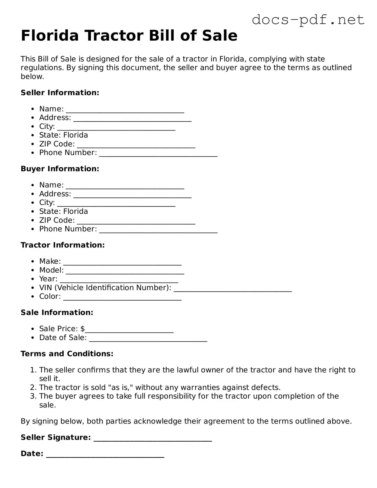 Official  Tractor Bill of Sale Form for Florida