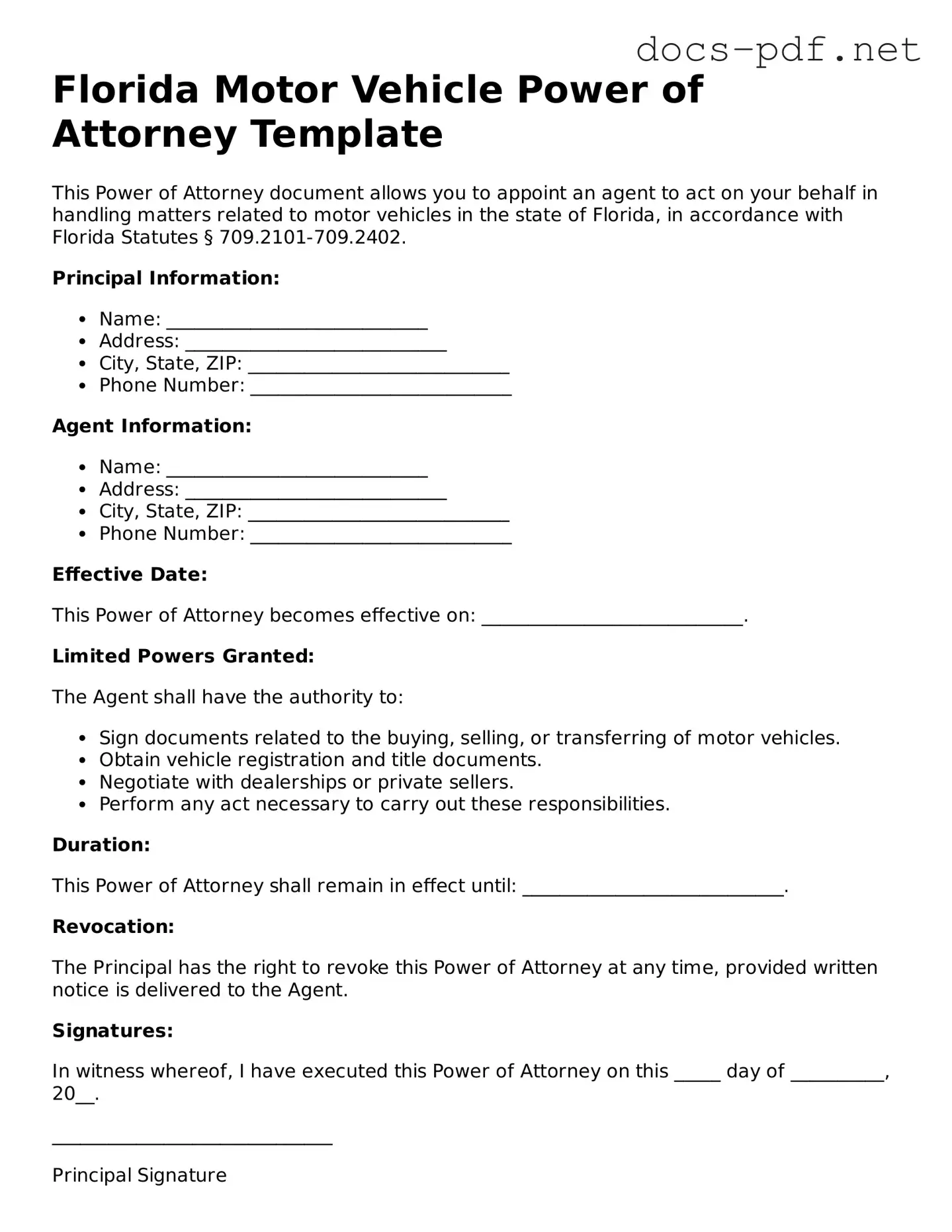 Official  Motor Vehicle Power of Attorney Form for Florida